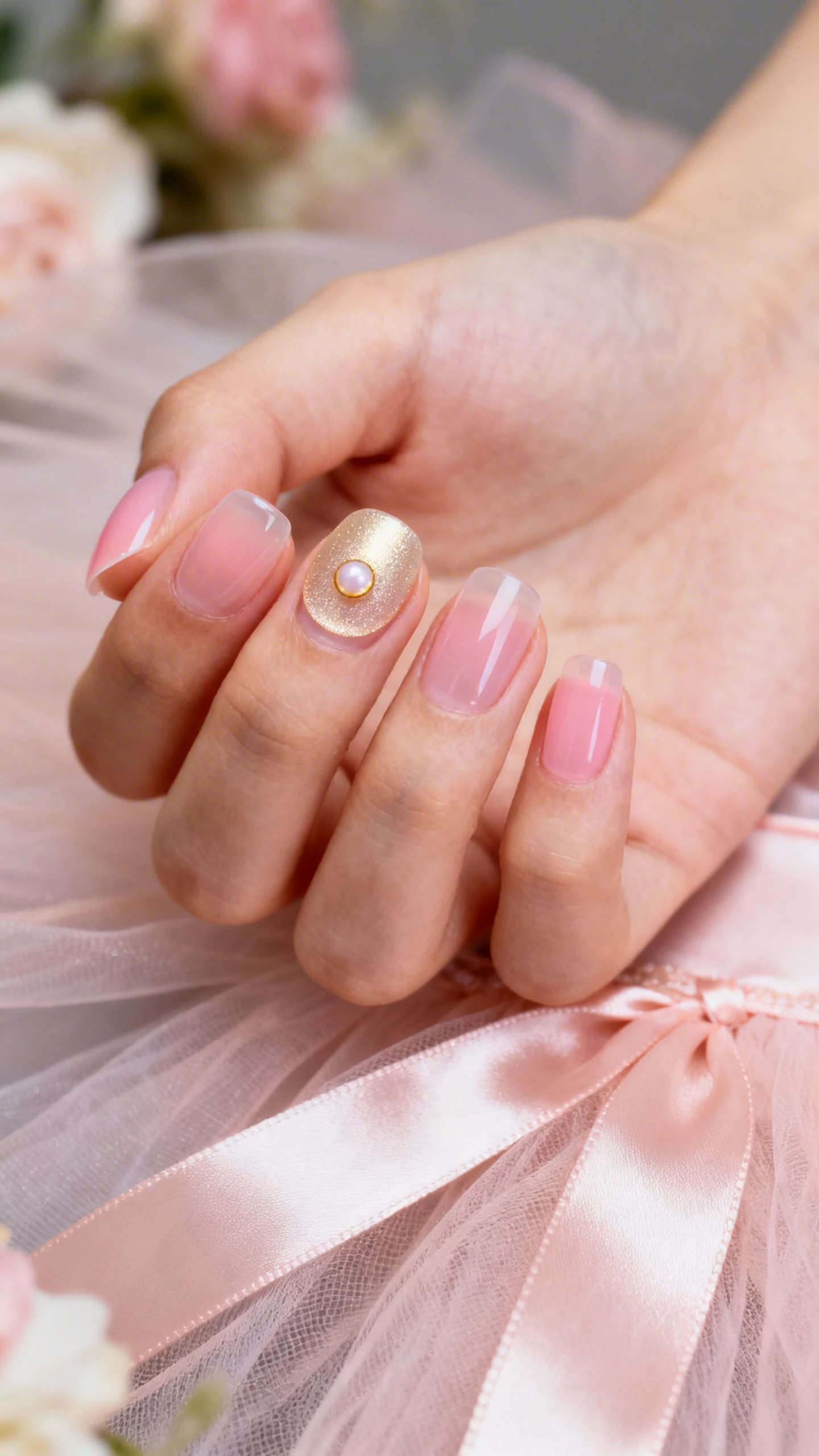 5–2 mm) in a tight circle with a pinpoint pale champagne-gold center; remaining nails left plain translucent pink; high-resolution, sharp focus emphasizing the jelly depth and delicate florals; background: soft tulle or satin ballet fabric in blush tones, tastefully blurred; modern, airy lighting; no faces, only the hand and nails.