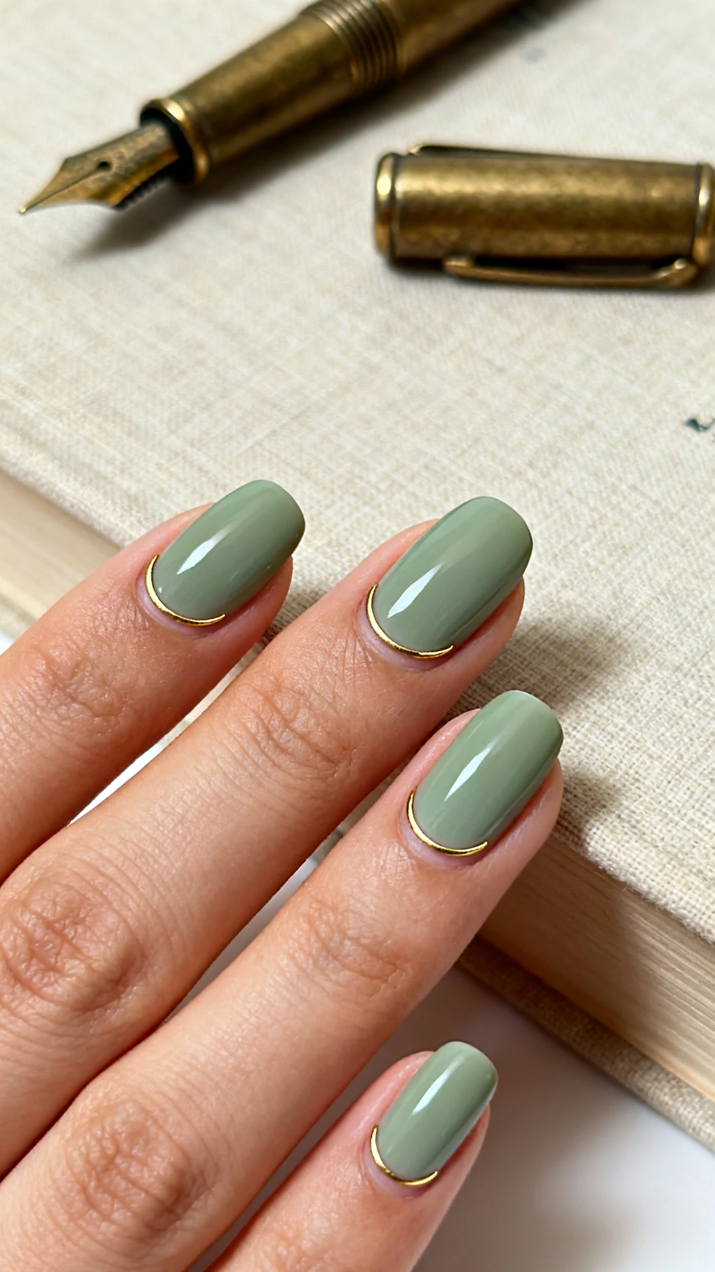 5–3 mm) with a softly rounded smile line. At each cuticle, a thin metallic gold crescent cuff (1 mm) mirroring the natural cuticle curve; cuffs are uniform and delicate. High-resolution, crisp detail on sage tips and reflective gold cuffs. Background: Left Bank ambiance—linen-bound book and antique brass fountain pen softly blurred. Contemporary, elegant lighting; focus strictly on the nails and hand.