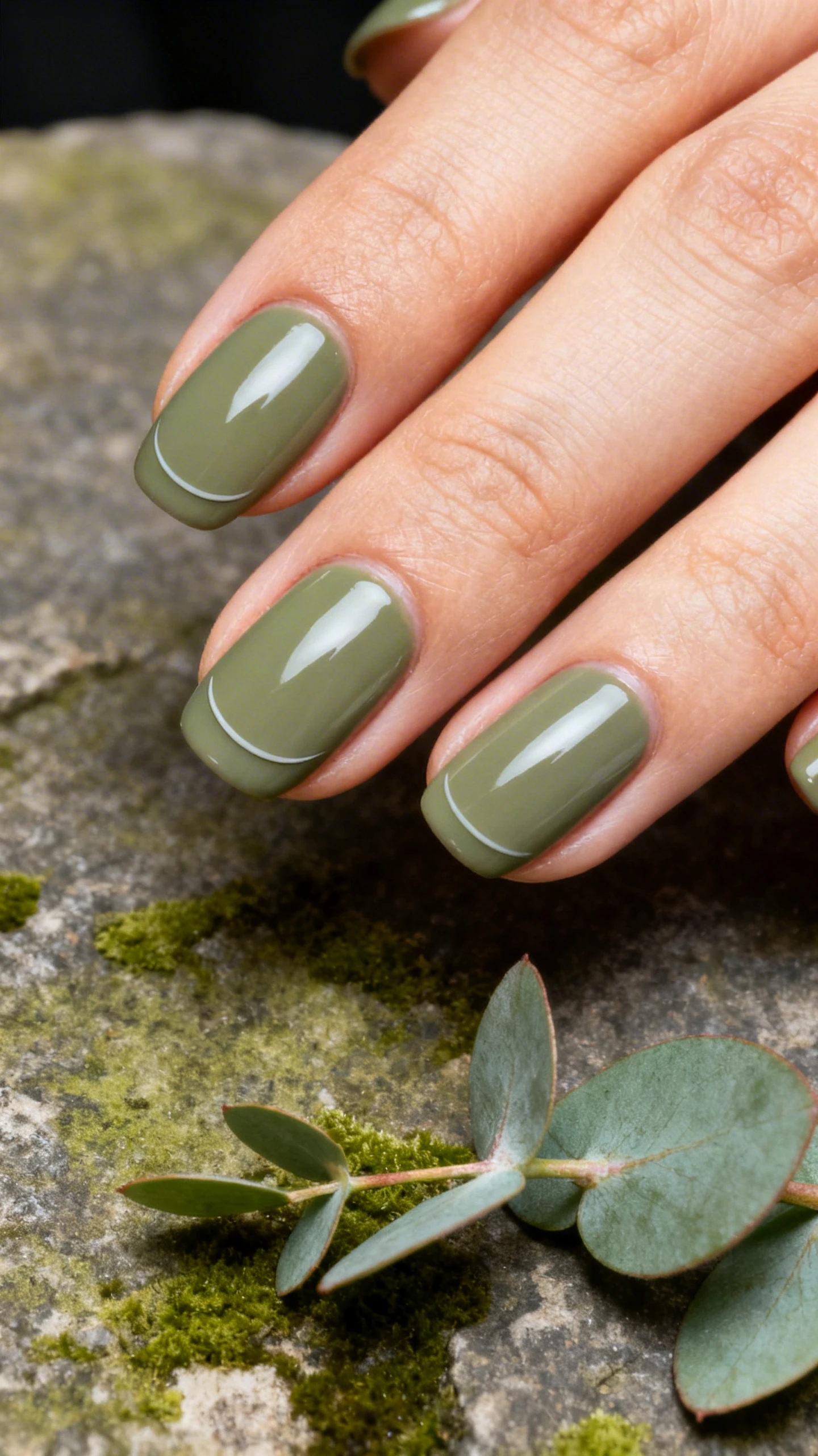 5 mm) in moss green (muted, earthy, slightly greyed), with a gentle curved smile line; finish is glossy but natural. Background: matte stone or mossy textured surface with a sprig of eucalyptus for an earthy vibe. Clean, modern studio lighting; nail edges in perfect focus; no faces, only the hand and nails.