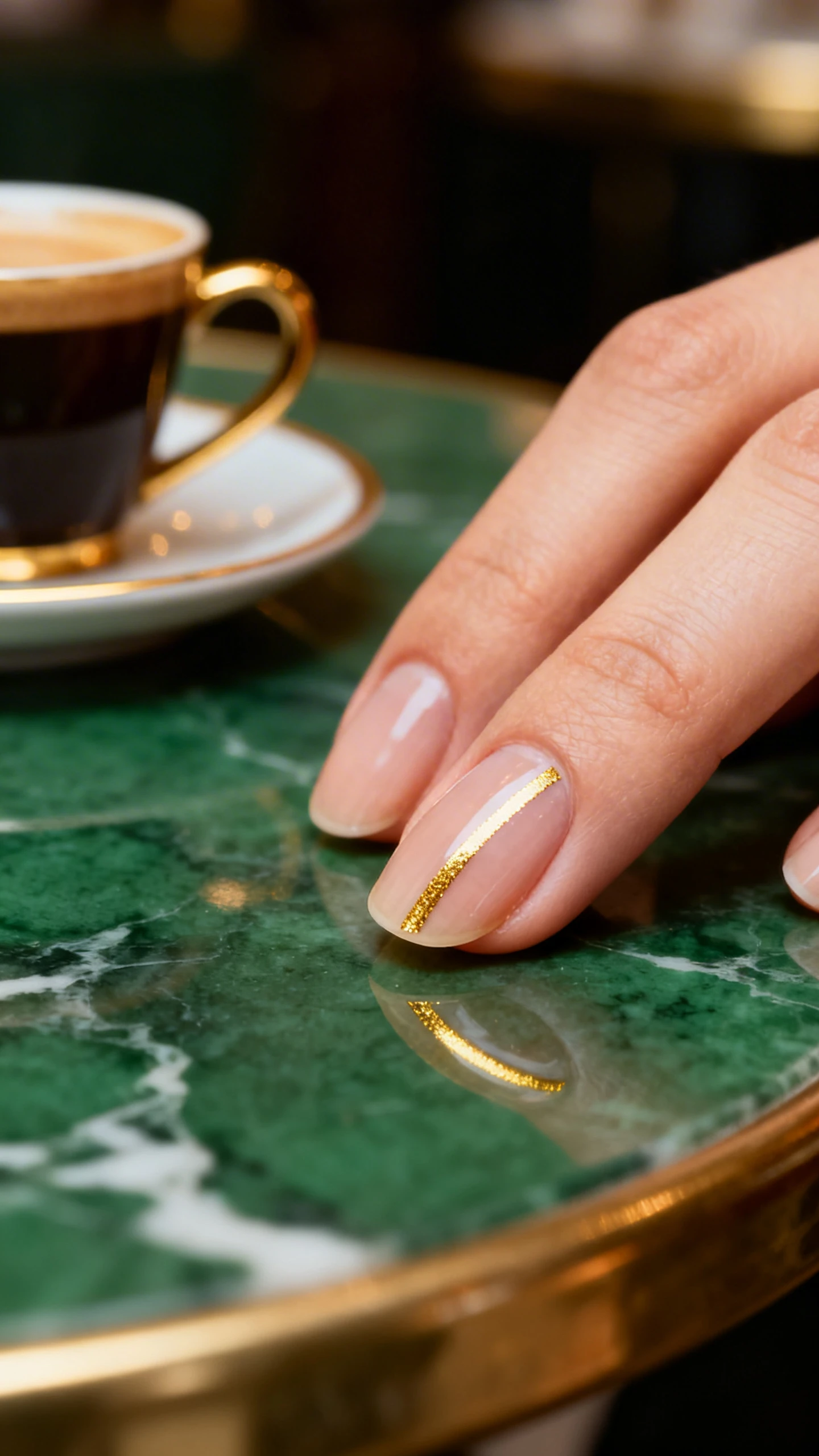 5 mm metallic gold line perfectly mirroring the curve. No other accents. High-resolution, sharp focus on nail edges and gold line reflection. Background: luxe Parisian café tabletop with green marble and a slim gold-rimmed espresso cup slightly blurred. Modern, Instagram-worthy lighting; no faces, only the hand and nails.