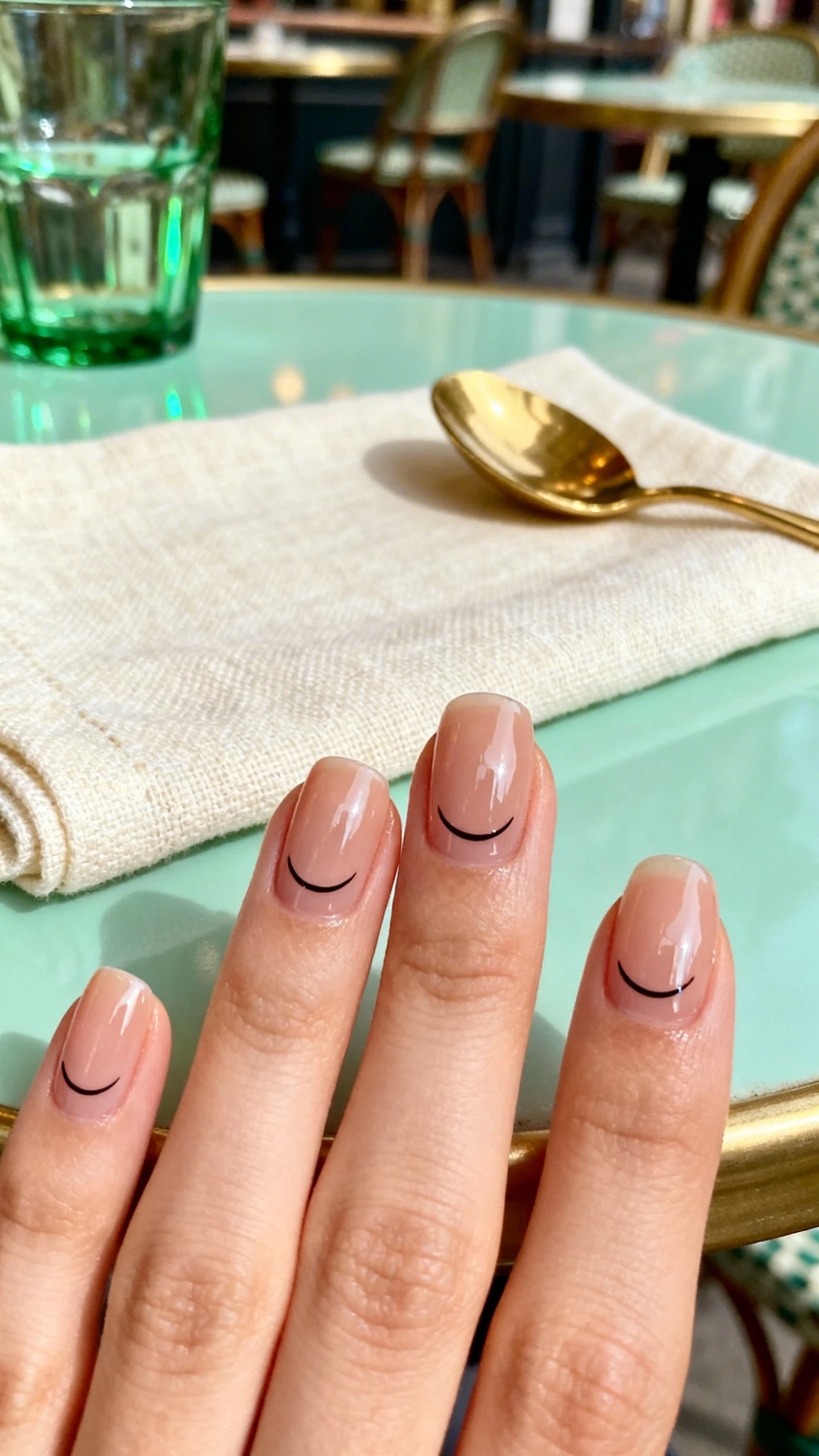 5 mm mirroring the same smile curve; ultra-glossy top coat. Background: textured cream linen napkin beside a gold espresso spoon on a Parisian bistro table, subtle green glass reflection to complement the mint; nails in sharp focus, soft bokeh, no faces.