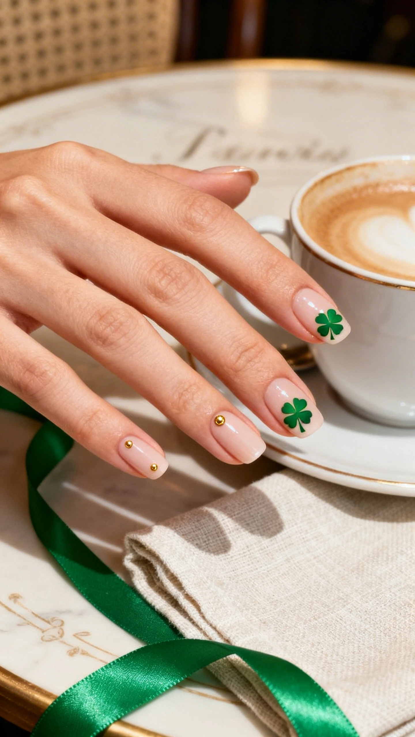 5 mm, one or two micro-clover accents near a cuticle corner across the hand, optional tiny gold dot at clover center, glossy topcoat; high-resolution, sharp focus. Background: soft Parisian café tabletop with linen napkin and a subtle emerald ribbon for St. Patrick’s vibe; modern, Instagram-worthy lighting; no face, only the hand and nails.