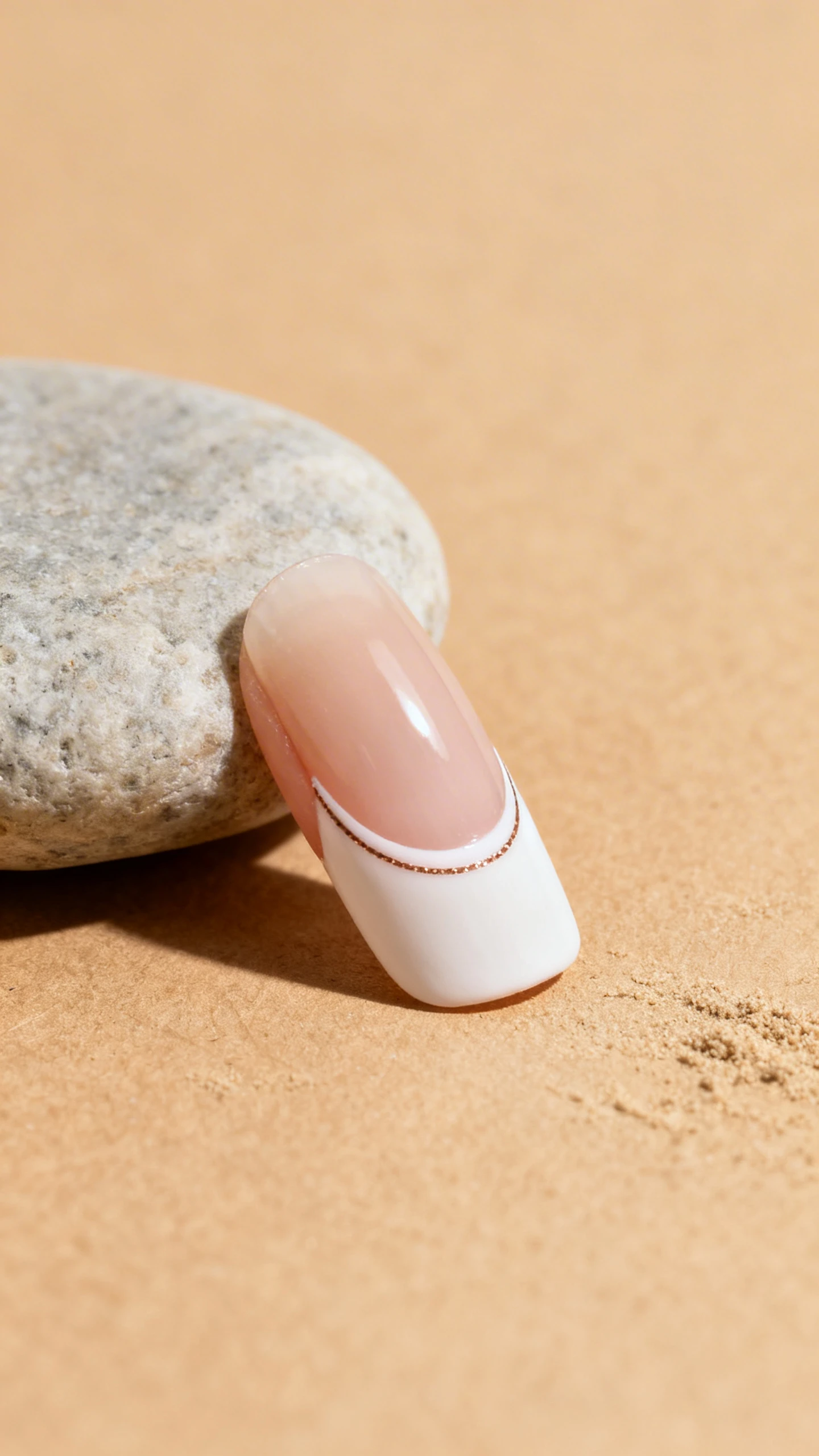 5 mm smile lines following the natural curve; optional microlined accent on one nail only. Background: warm sand-textured paper and a smooth river stone for minimal, earthy contrast. Lighting: soft studio light to emphasize the delicate tip lines and smooth finish, sharp focus, no faces.