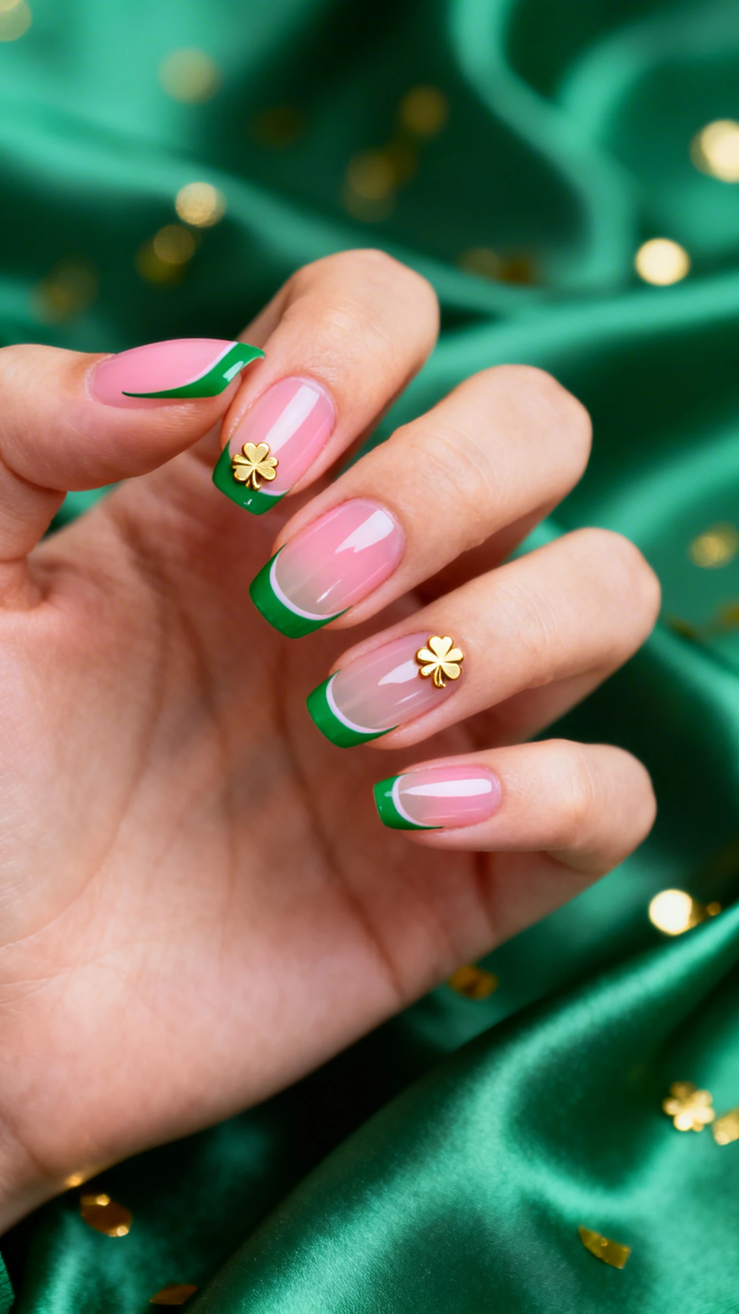 A beautiful macro photo of one hand with short-to-medium soft almond nails, sheer pink-beige jelly base and skinny emerald French tips (2–3 mm) with crisp smile lines; tiny gold metallic clover microcharms placed near the cuticle on a few accent nails; ultra glossy finish; high-resolution, sharp focus on nails only; background: softly blurred emerald silk fabric with a hint of gold confetti bokeh for St. Patrick’s Day vibes; modern, Instagram-worthy lighting; no faces visible.