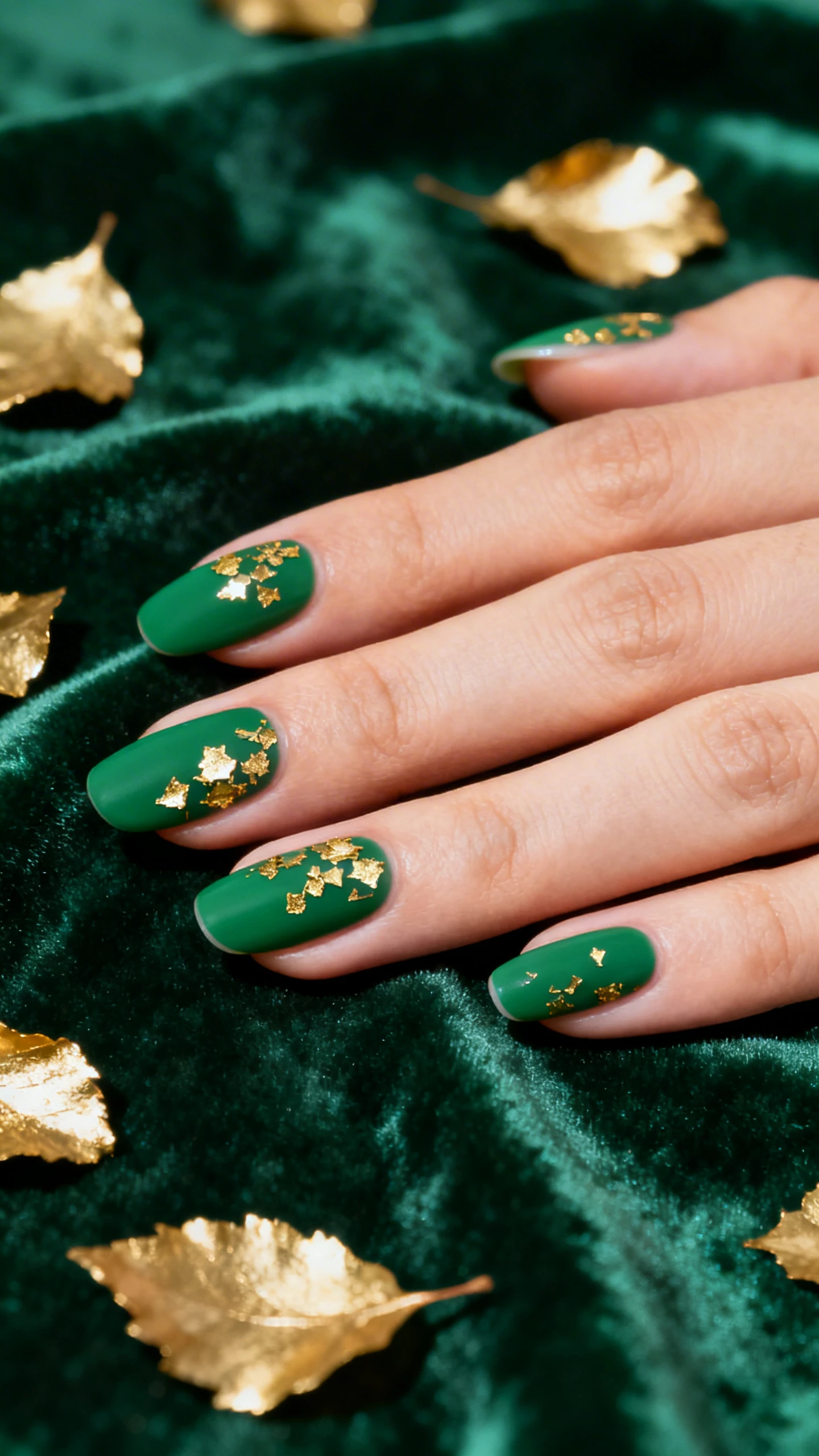 A beautiful macro photo of one hand with soft almond nails painted in opaque emerald green gel with a satin sheen, each nail kissed with fine-to-medium gold flake polish clustered irregularly from the cuticle to mid-nail, tips left slightly clearer; sharp, high-resolution focus on the nails only, no faces; aesthetic background of velvet-textured deep green fabric with scattered faux gold leaf, modern Instagram-worthy lighting with gentle side highlights.