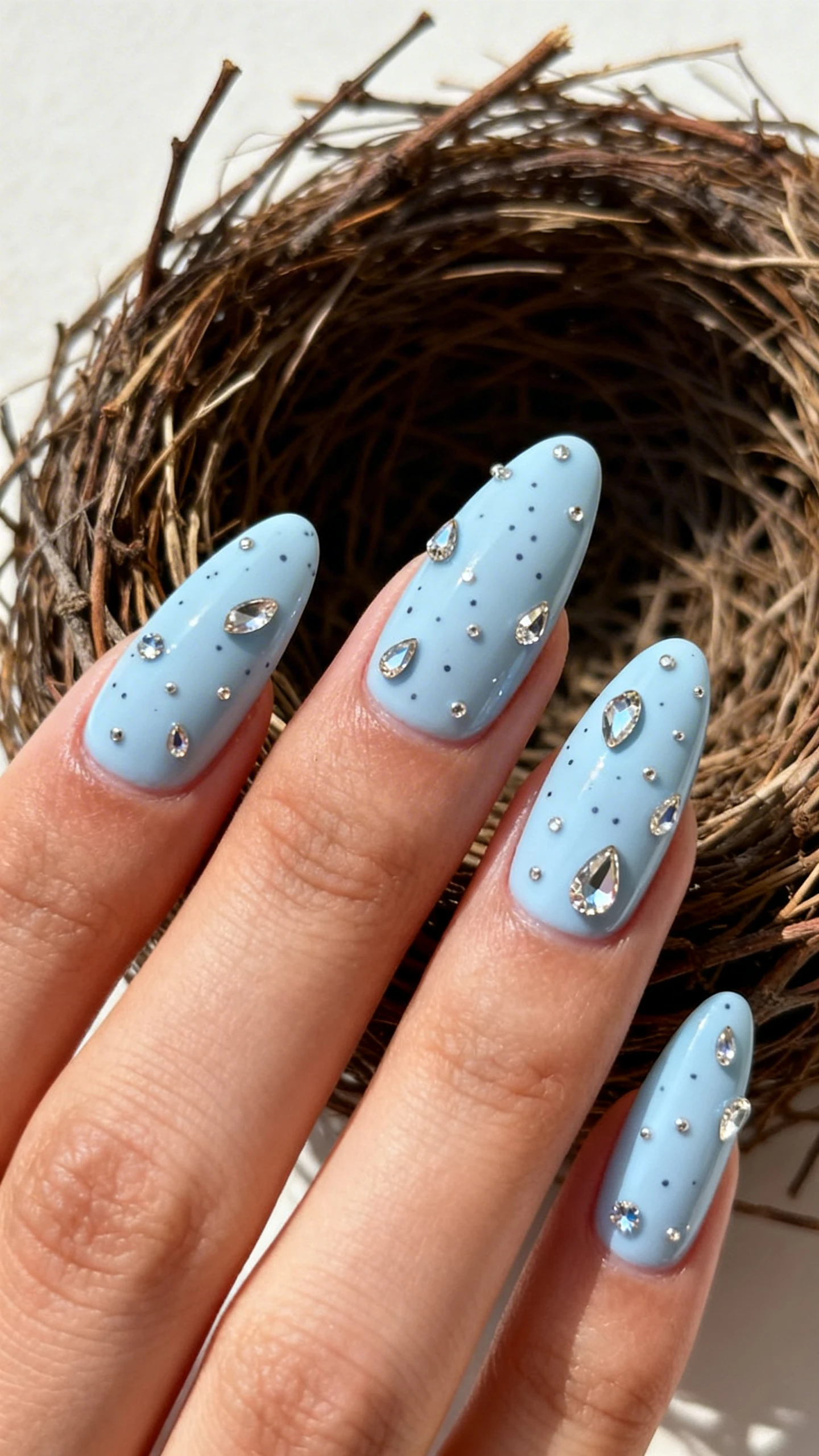A beautiful macro photograph of a hand with almond-shaped nails painted in a soft, pale baby blue cream polish. The nails feature a scattered pattern of micro-rhinestones in varying sizes (1mm and 2mm) placed randomly to mimic the speckles on a bird's egg, interspersed with a few larger, pear-shaped rhinestones. High-resolution, sharp focus on the nails. Aesthetic background featuring a rustic bird's nest and soft twigs. Modern, Instagram-worthy photography style. No faces visible, focus ONLY on the nails and hand., macro nail photography, high quality, Instagram-worthy, clean composition