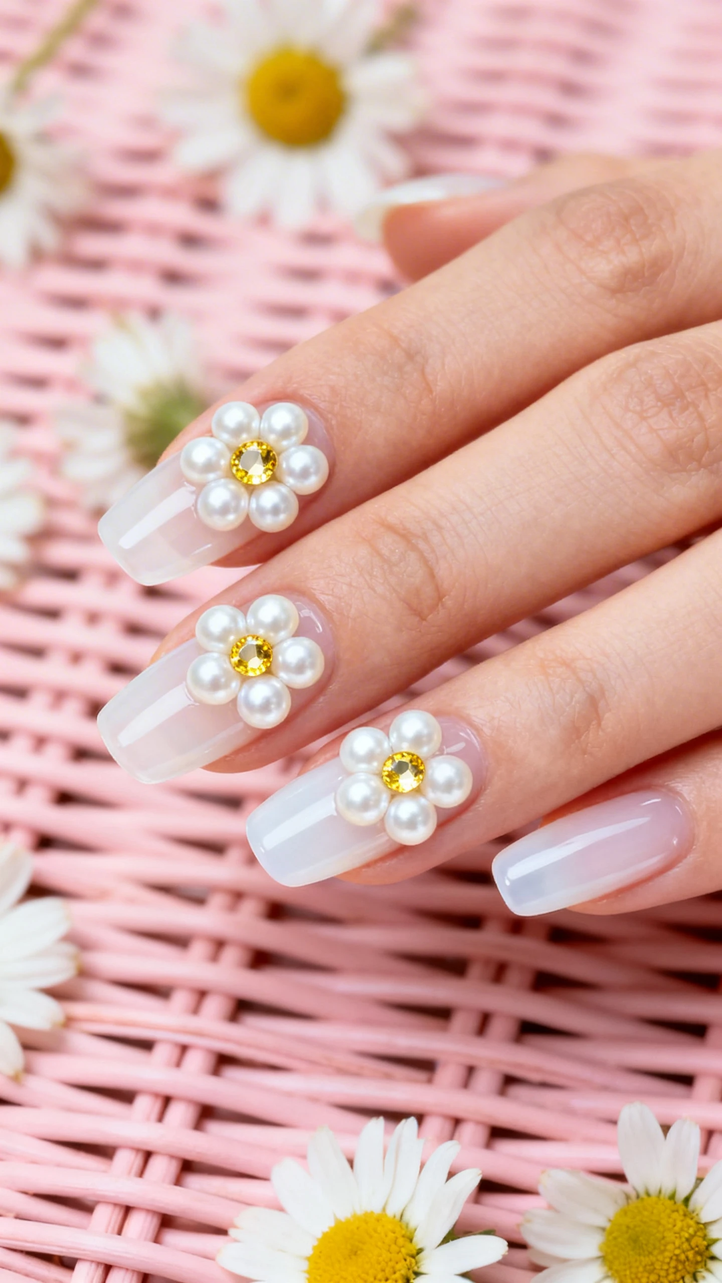 A beautiful macro photograph of a hand with nails painted in a sheer, milky white jelly base that allows the natural nail to show through slightly. The design features floral clusters made of 5 or 6 small round white pearls arranged in circles to form flower petals, with a single sparkling yellow or golden round rhinestone in the center of each flower. High-resolution, sharp focus on the nails. Aesthetic background with a soft pink wicker texture and daisies. Modern, Instagram-worthy photography style. No faces visible, focus ONLY on the nails and hand., macro nail photography, high quality, Instagram-worthy, clean composition