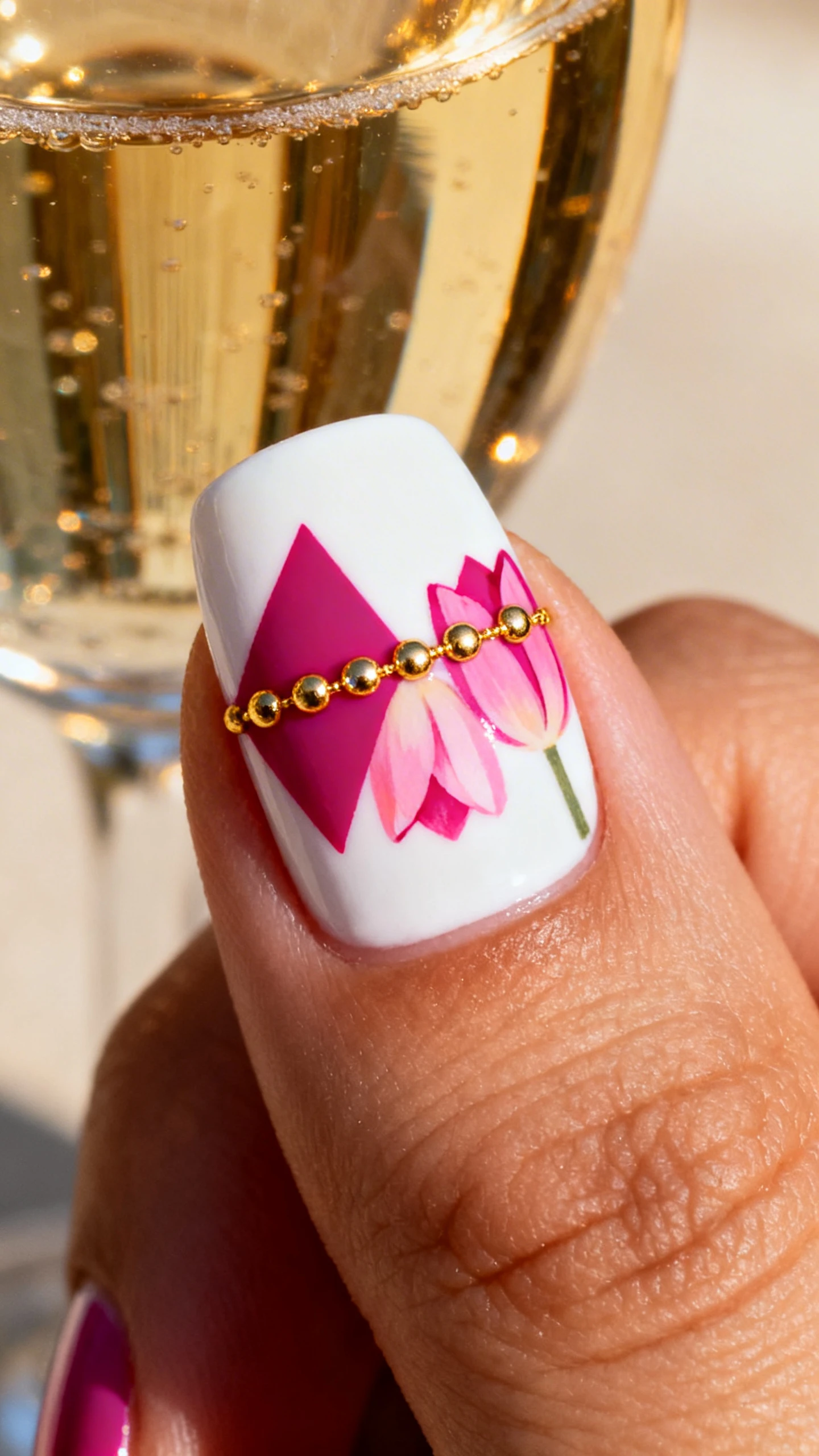 A beautiful macro photograph of a hand with nails featuring a crisp, clean white base. Abstract, triangular shapes in bright fuchsia and soft pink tulip shades are painted near the cuticle. A straight line of small, gold-plated round rhinestones separates the floral art from the empty space at the tip of the nail. High-resolution, sharp focus on the nails. Aesthetic background with warm, golden hour lighting and a glass of champagne. Modern, Instagram-worthy photography style. No faces visible, focus ONLY on the nails and hand., macro nail photography, high quality, Instagram-worthy, clean composition