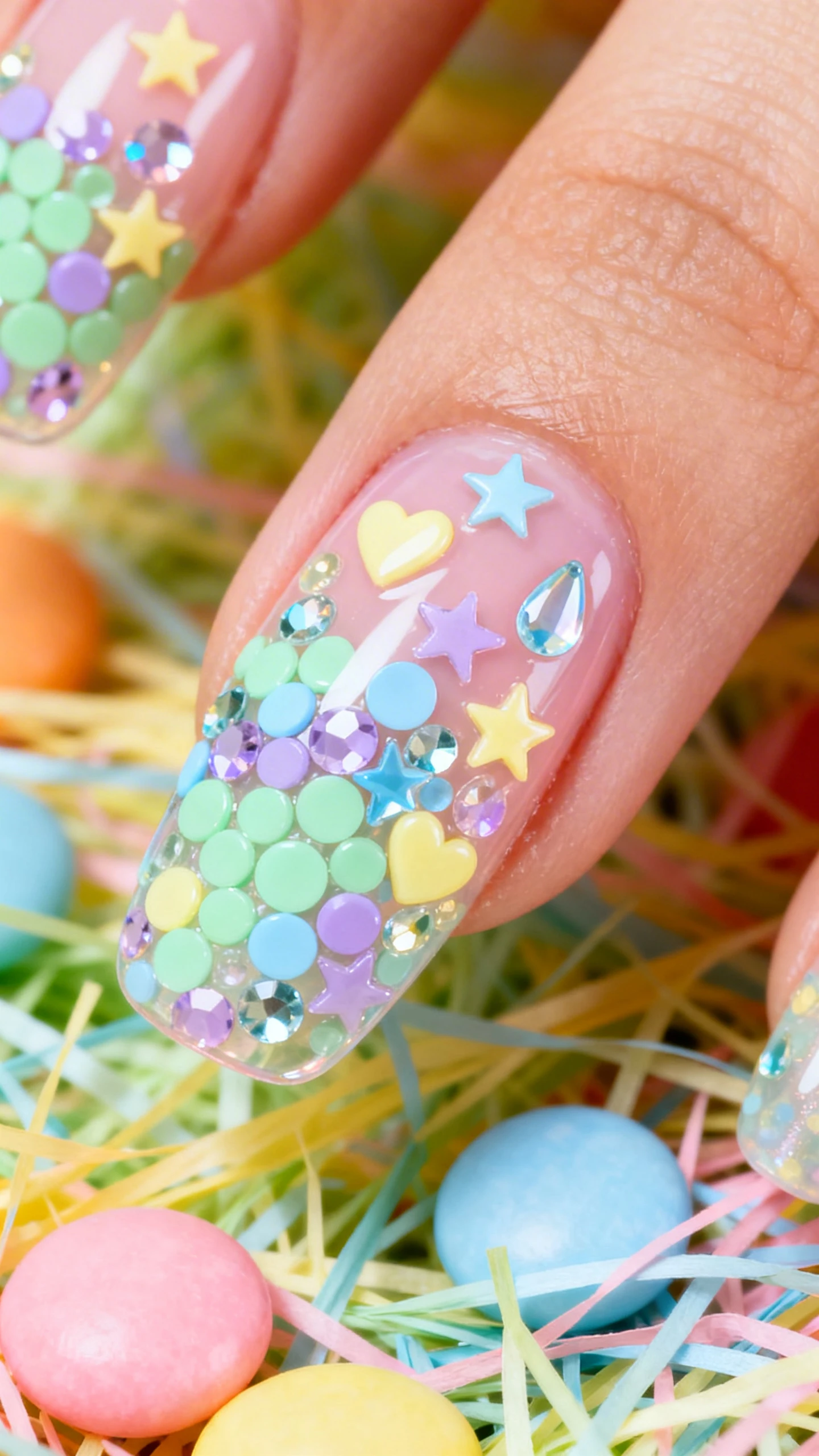 A beautiful macro photograph of a hand with nails coated in a sheer, clear jelly polish with a very pale pink wash. The nails feature a dense, confetti-like scatter of round rhinestones in Easter egg colors: mint green, lavender, baby blue, and soft yellow. The design is accented with rhinestone shapes like hearts, stars, and teardrops in matching pastel colors. High-resolution, sharp focus on the nails. Aesthetic background with colorful Easter grass and scattered candy. Modern, Instagram-worthy photography style. No faces visible, focus ONLY on the nails and hand., macro nail photography, high quality, Instagram-worthy, clean composition