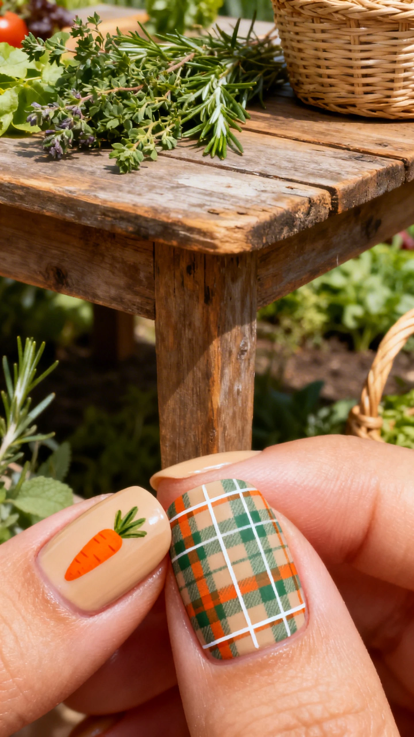 A beautiful macro photograph of a hand with warm sandy beige nails painted in a classic tartan plaid pattern covering the entire nail, using sage green and burnt orange for checks with thin white accent lines. The thumb nail features a small painted orange carrot detail. High-resolution, sharp focus on the nails. Aesthetic background of a rustic wooden table with fresh garden herbs and a woven basket. Modern, Instagram-worthy photography style. No faces visible, focus ONLY on the nails and hand., macro nail photography, high quality, Instagram-worthy, clean composition