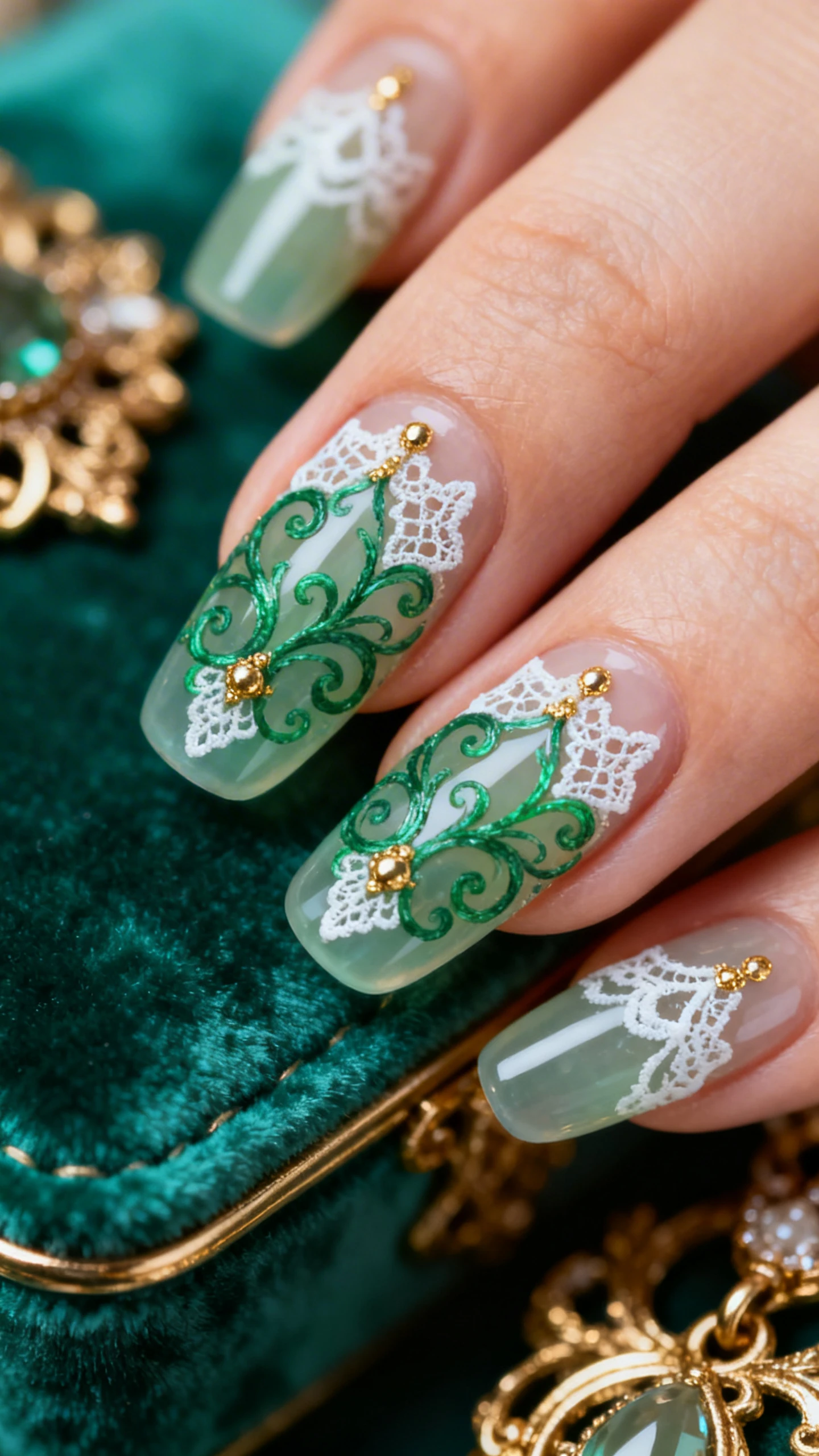 A beautiful macro photograph of one hand displaying long almond or stiletto nails with a glossy, glass-like top coat; translucent sage jelly veil base layered thinly for depth; intricate emerald filigree scrolls and lacework painted with a detail round brush, accented by pinpoint metallic gold and delicate ivory white highlights to create dimensional flourish; elegant negative space preserved for airy feel; high-resolution, razor-sharp focus on filigree lines; aesthetic background: antique emerald velvet with gold filigree jewelry elements softly blurred; modern, Instagram-worthy presentation; no faces visible, focus only on the nails and hand.