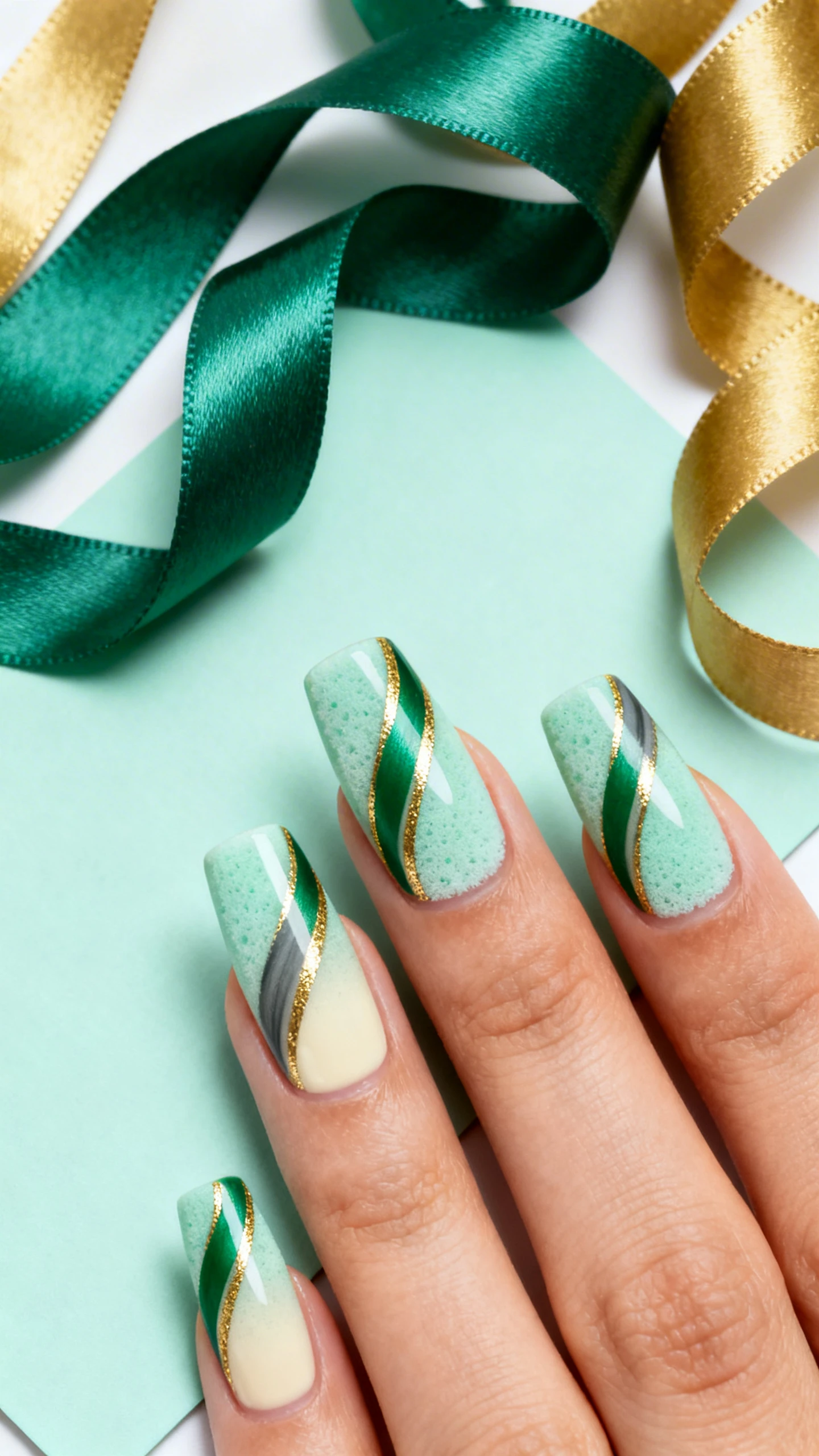 A beautiful macro photograph of one hand featuring medium coffin nails with a semi-gloss top coat; base is a soft gradient from cream at the cuticle to pale mint toward the tip, sponge-sprayed effect; long striping brush ribbons in forest green sweep diagonally across each nail with metallic gold edging and subtle charcoal gray shadowing for depth; composition highlights fluid ribbon motion across the set; high-resolution, crisp focus on the striping precision; aesthetic background: satin ribbon curls in emerald and gold over pale mint card stock; modern, Instagram-worthy style; no faces visible, focus only on the nails and hand.