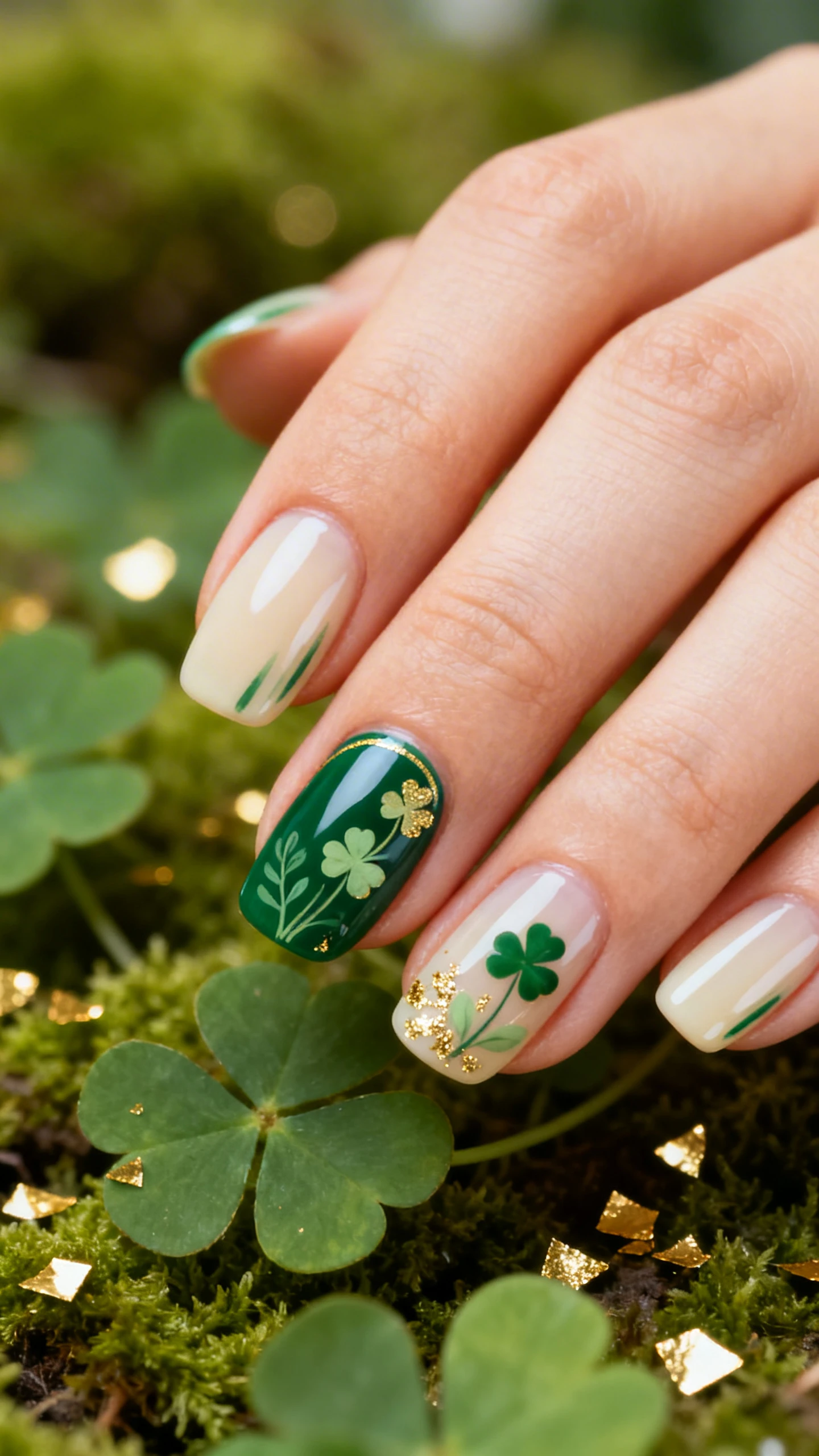 A beautiful macro photograph of one hand showcasing short to medium almond nails with a glossy finish, sheer cream wash base on all nails; deep emerald green ultra-fine liner outlines create delicate clover whispers on the index and ring fingers only, with soft sage accents and micro gold foil highlights that catch the light; remaining nails kept minimal with subtle sage micro-strokes near the cuticle; high-resolution, sharp focus on nail art details; aesthetic background: soft-focus moss and clover leaves with scattered gold confetti for a St. Patrick’s Day vibe; modern, Instagram-worthy lighting; no faces visible, focus only on the nails and hand.