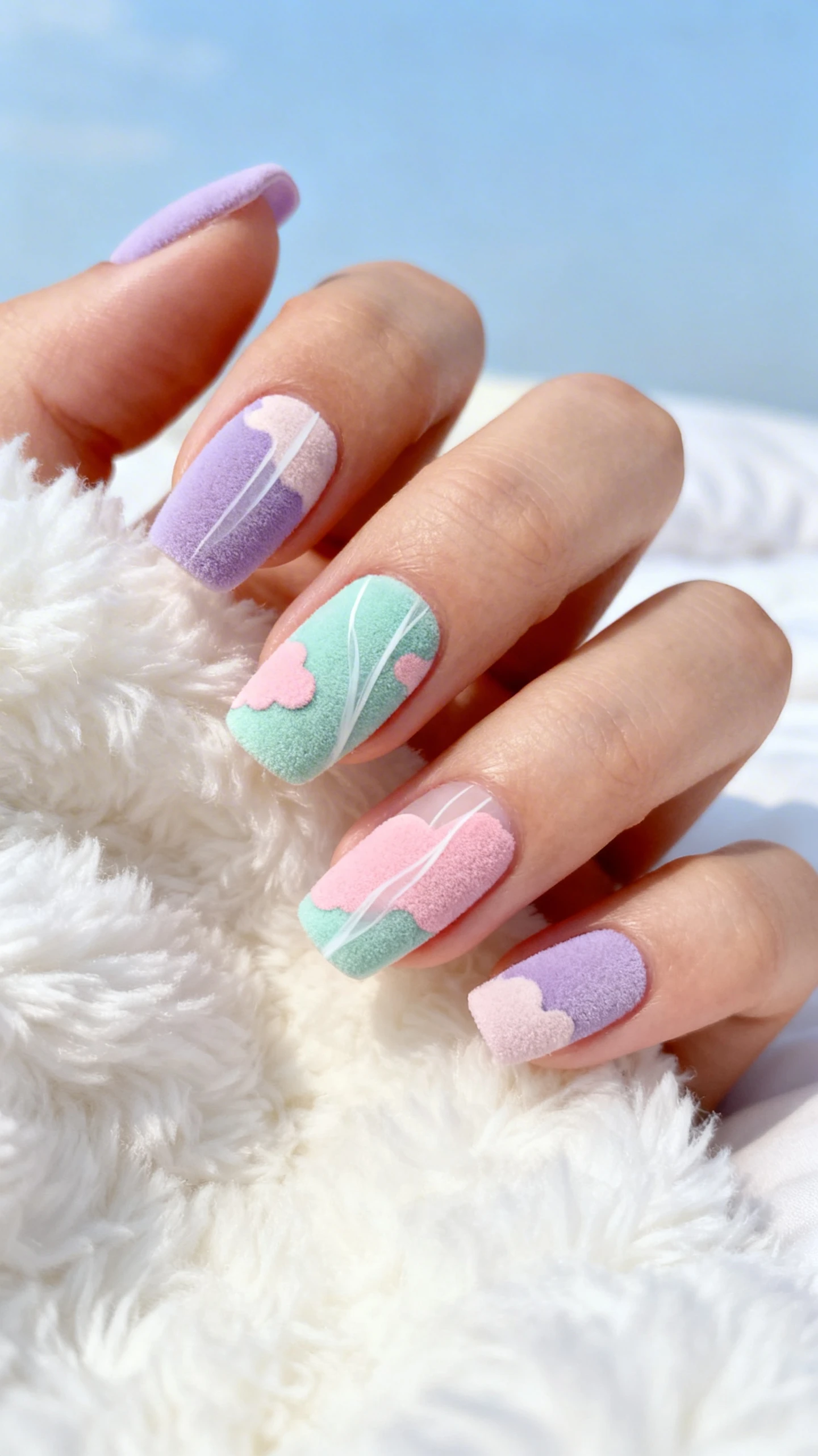 A beautiful macro photograph of one hand showing a set of press-on nails with a soft, cream-colored base. The nails feature hand-painted abstract cloud shapes in pastel lilac, mint green, and baby pink, connected by subtle, sheer white streaks creating a wispy, airy effect. The finish is a high-quality velvet matte. The background features soft, fluffy white bedding against a pale blue sky to enhance the dreamy aesthetic. High-resolution, sharp focus on the nails. Modern, Instagram-worthy photography style. No faces visible, focus ONLY on the nails and hand., macro nail photography, high quality, Instagram-worthy, clean composition