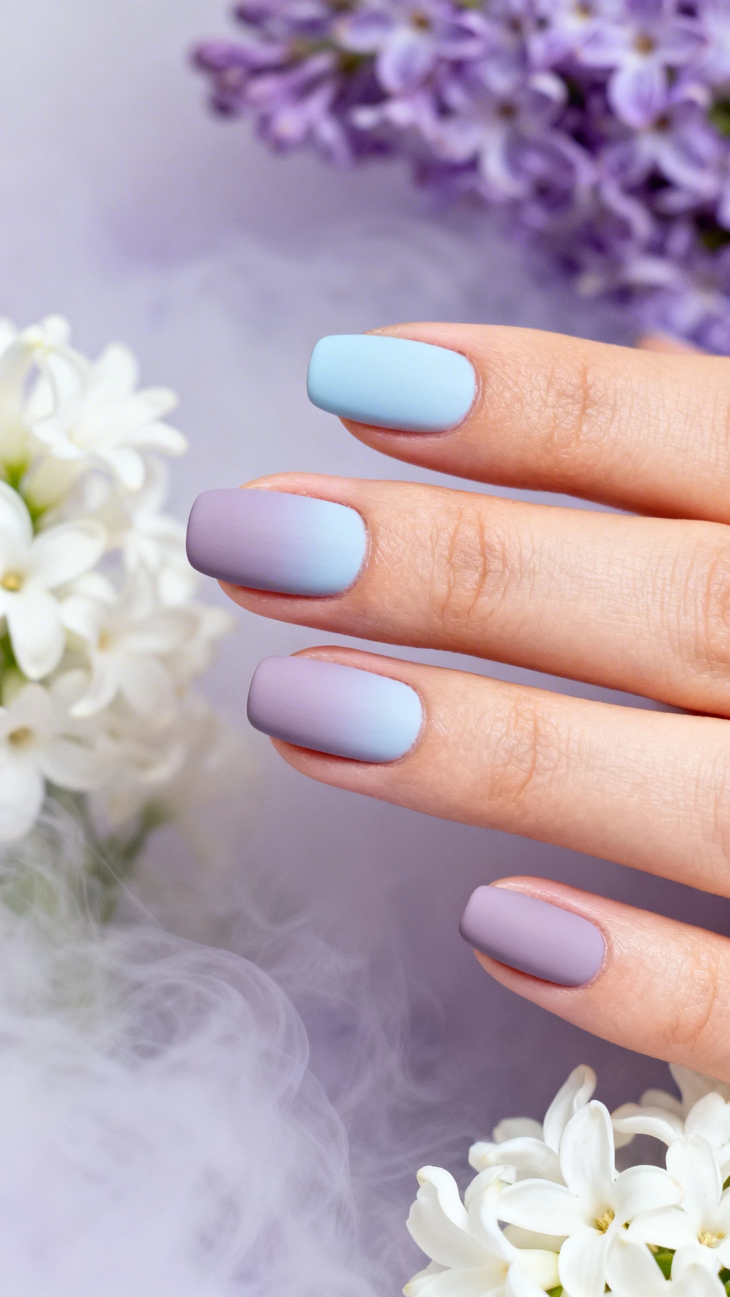 A beautiful macro photograph of one hand showing a seamless gradient nail design blending pale icy blue at the cuticle into soft dusty lavender at the tips. The finish is a high-quality matte top coat with a velvety texture, eliminating all shine. High-resolution, sharp focus on the nails. Aesthetic background of soft, airy lavender mist and white blooms. Modern, Instagram-worthy photography style. No faces visible, focus ONLY on the nails and hand., macro nail photography, high quality, Instagram-worthy, clean composition