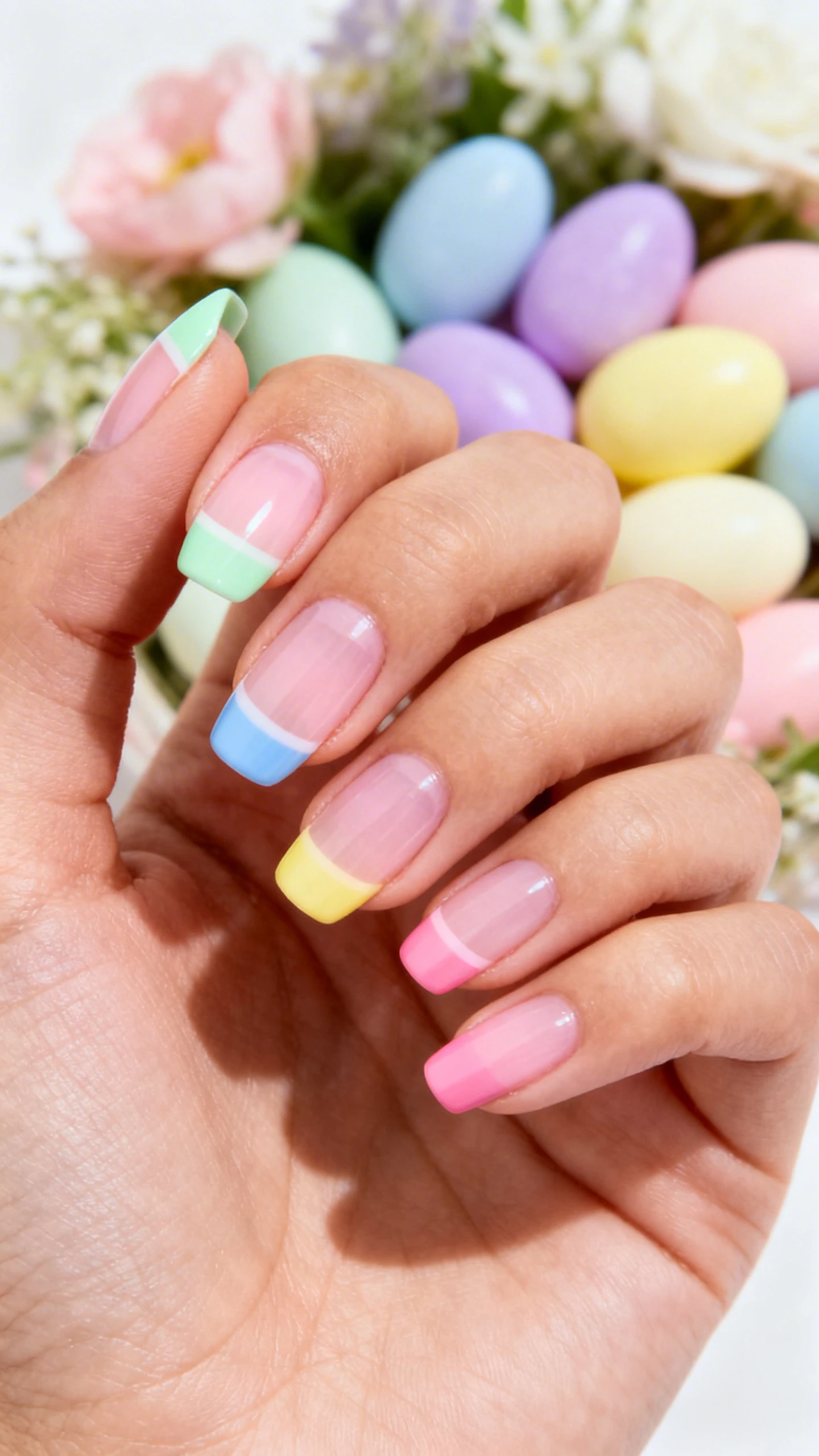 A beautiful macro photograph of one hand showing a French tip manicure in detail. The nails feature a soft, sheer pink base coat that allows the natural nail to show through slightly. The French tips are a "skittle" style, meaning each nail features a different pastel color including soft mint green, baby blue, lavender, pale lemon yellow, and millennial pink. High-resolution, sharp focus on the nails. Aesthetic background of pastel Easter candies or a soft spring floral arrangement. Modern, Instagram-worthy photography style. No faces visible, focus ONLY on the nails and hand., macro nail photography, high quality, Instagram-worthy, clean composition