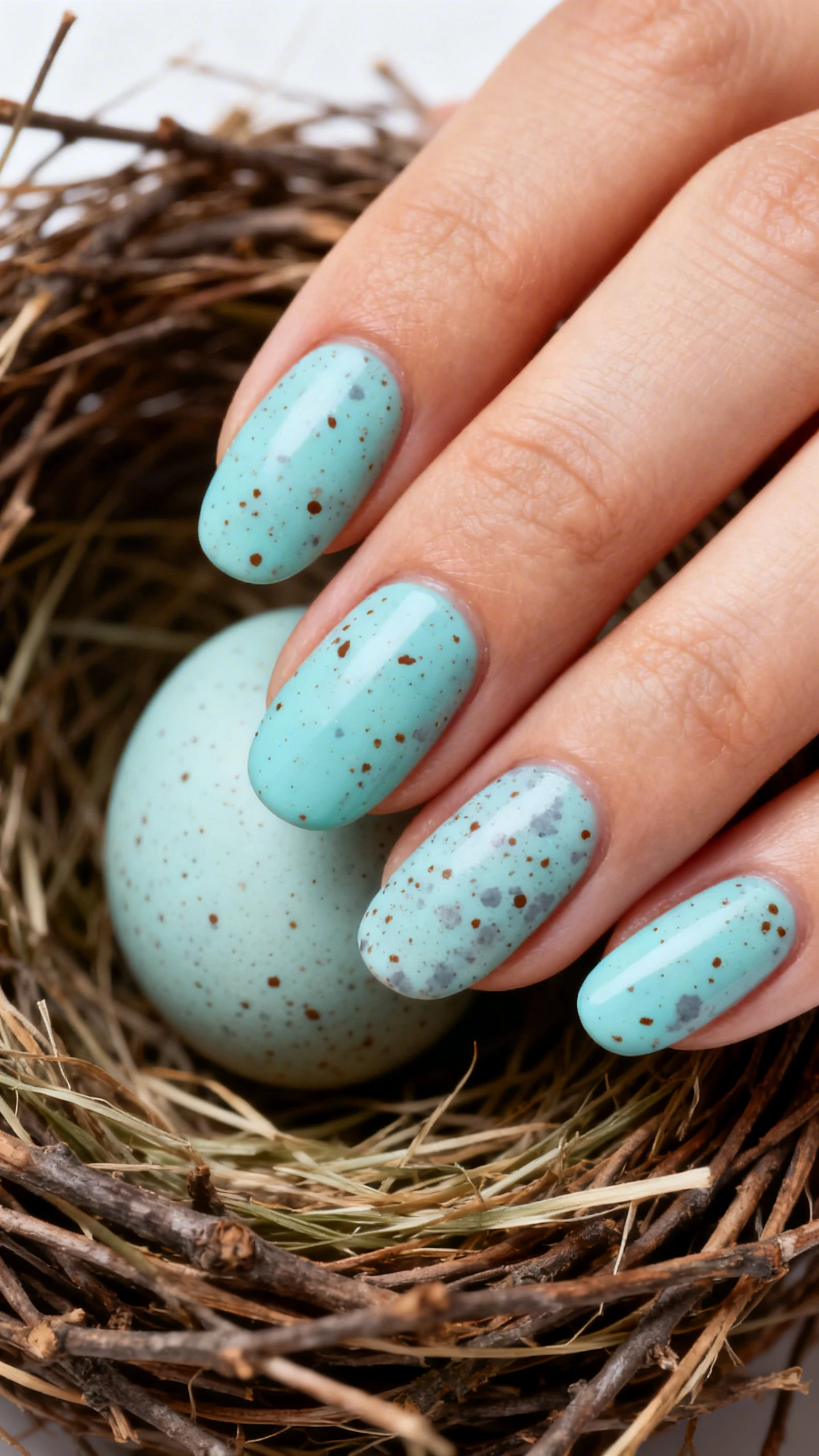 A beautiful macro photograph of one hand showing a nail design featuring a classic light turquoise blue base with fine brown and grey speckles mimicking a realistic robin's egg shell. The nails are oval-shaped. The background is a soft nest arrangement made of twigs and dried grass. High-resolution, sharp focus on the nails, modern Instagram-worthy photography style., macro nail photography, high quality, Instagram-worthy, clean composition