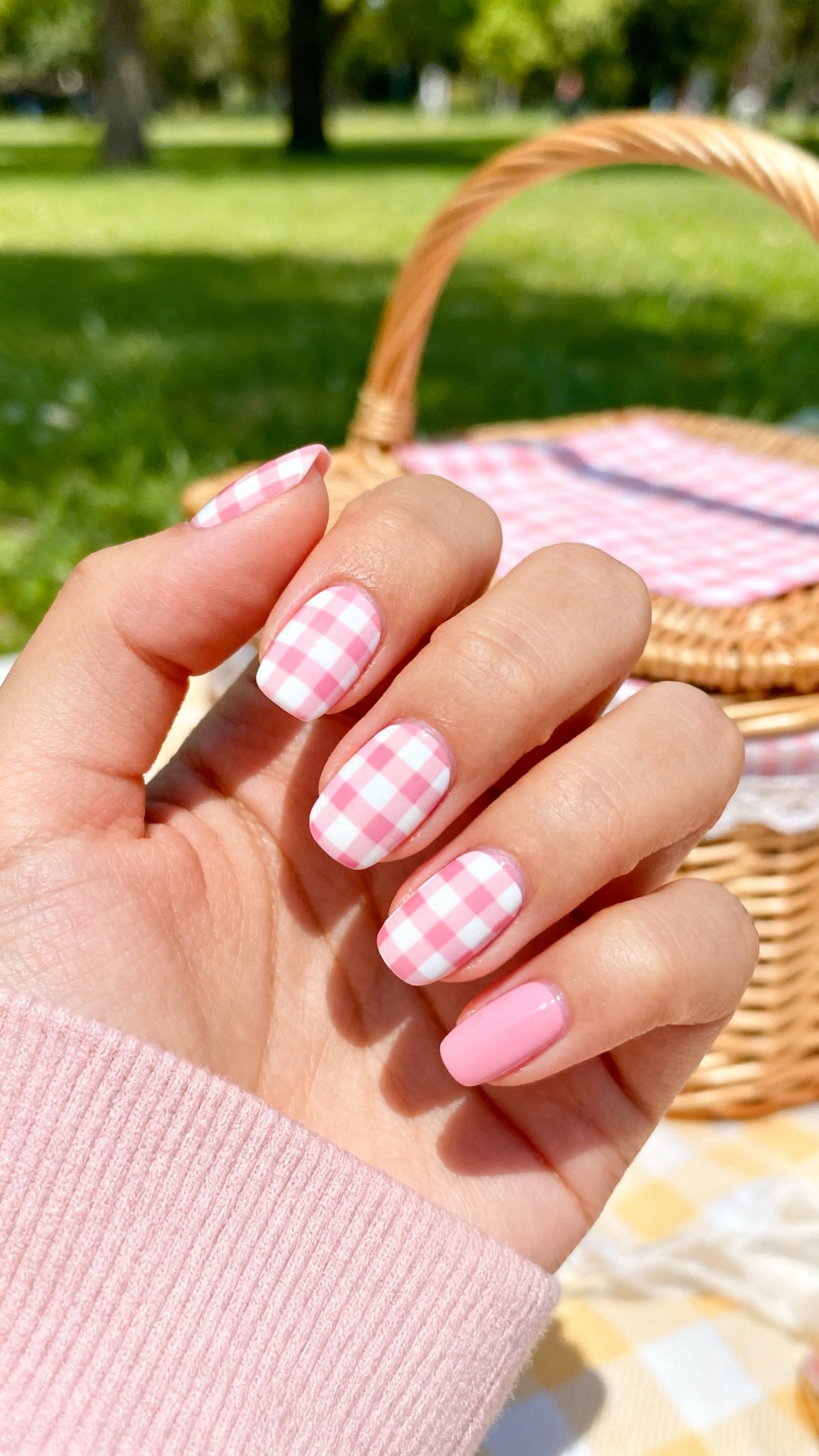 A beautiful macro photograph of one hand showing a pastel pink and white gingham checkered nail design in detail. High-resolution, sharp focus on the nails. Aesthetic background featuring a soft wicker picnic basket and blurred green grass in a sunny park. Modern, Instagram-worthy photography style. No faces visible, focus ONLY on the nails and hand., macro nail photography, high quality, Instagram-worthy, clean composition