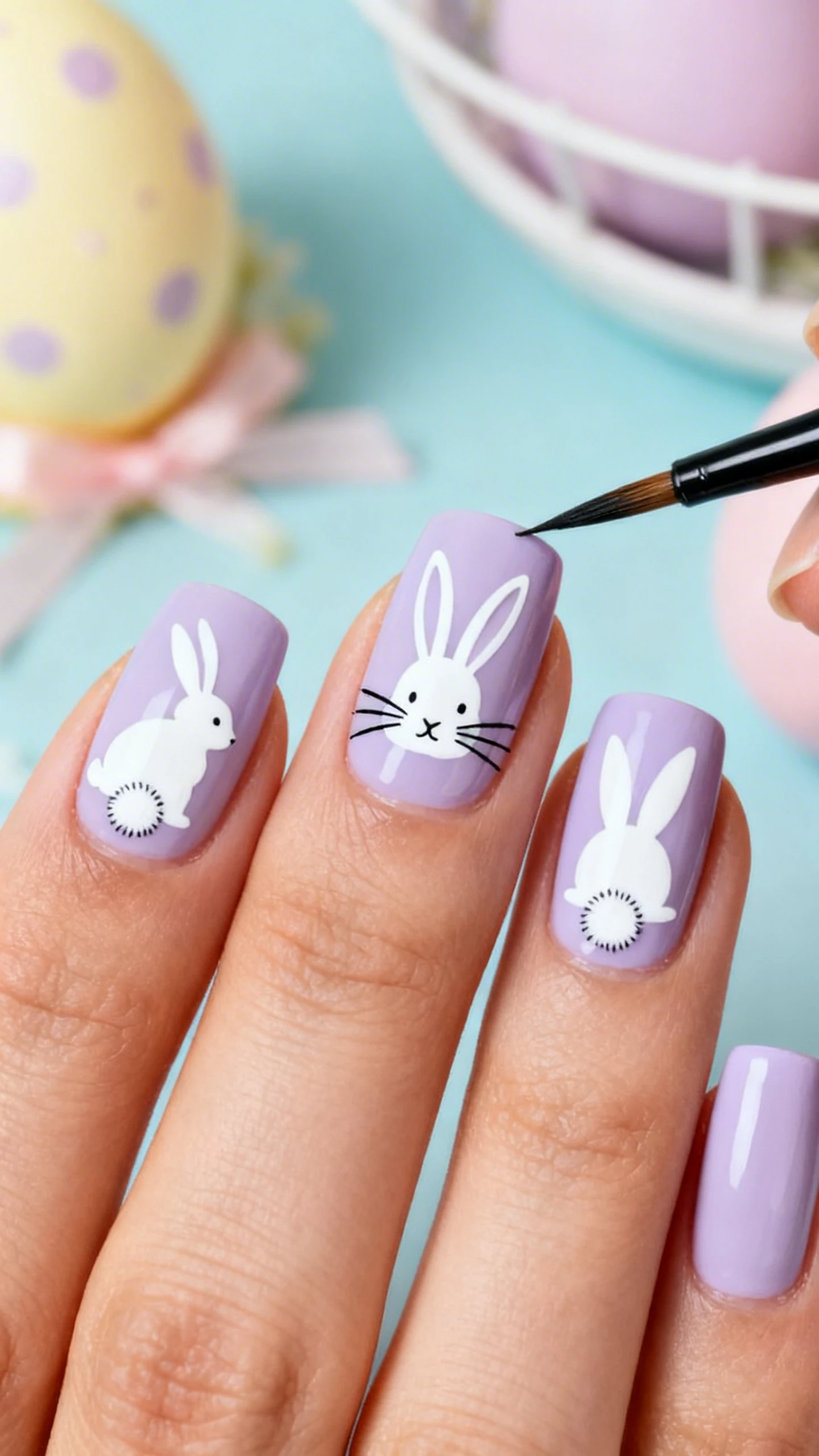 A beautiful macro photograph of one hand showing a manicure with a soft, creamy pastel lavender base color. On the accent nails, hand-painted white bunny silhouettes feature long, crisp ears and round, fluffy tails. Fine black whiskers extend from the bunny's nose, drawn with a long liner brush. The background is a whimsical Easter setup with soft pastel props. High-resolution, sharp focus on the nails, modern Instagram-worthy photography style, no faces visible, focus ONLY on the nails and hand., macro nail photography, high quality, Instagram-worthy, clean composition