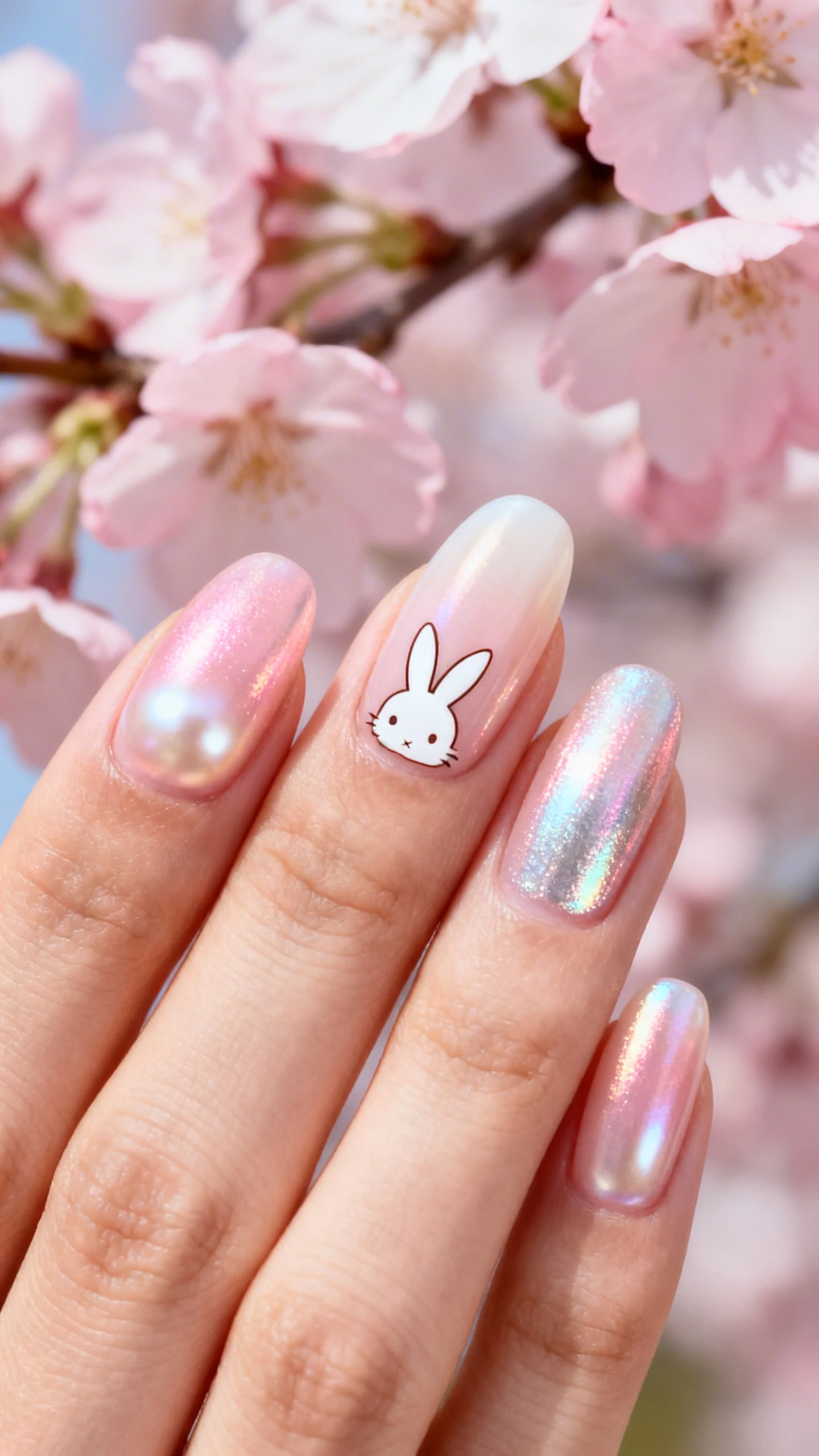 A beautiful macro photograph of one hand showing a soft, blush-pink pearl nail design with an opaque, milky finish and a high-shine, iridescent sheen that shifts between rose and silvery-pink. The ring finger features a delicate white bunny silhouette. High-resolution, sharp focus on the nails. Aesthetic background of soft pink cherry blossoms. Modern, Instagram-worthy photography style. No faces visible, focus ONLY on the nails and hand., macro nail photography, high quality, Instagram-worthy, clean composition