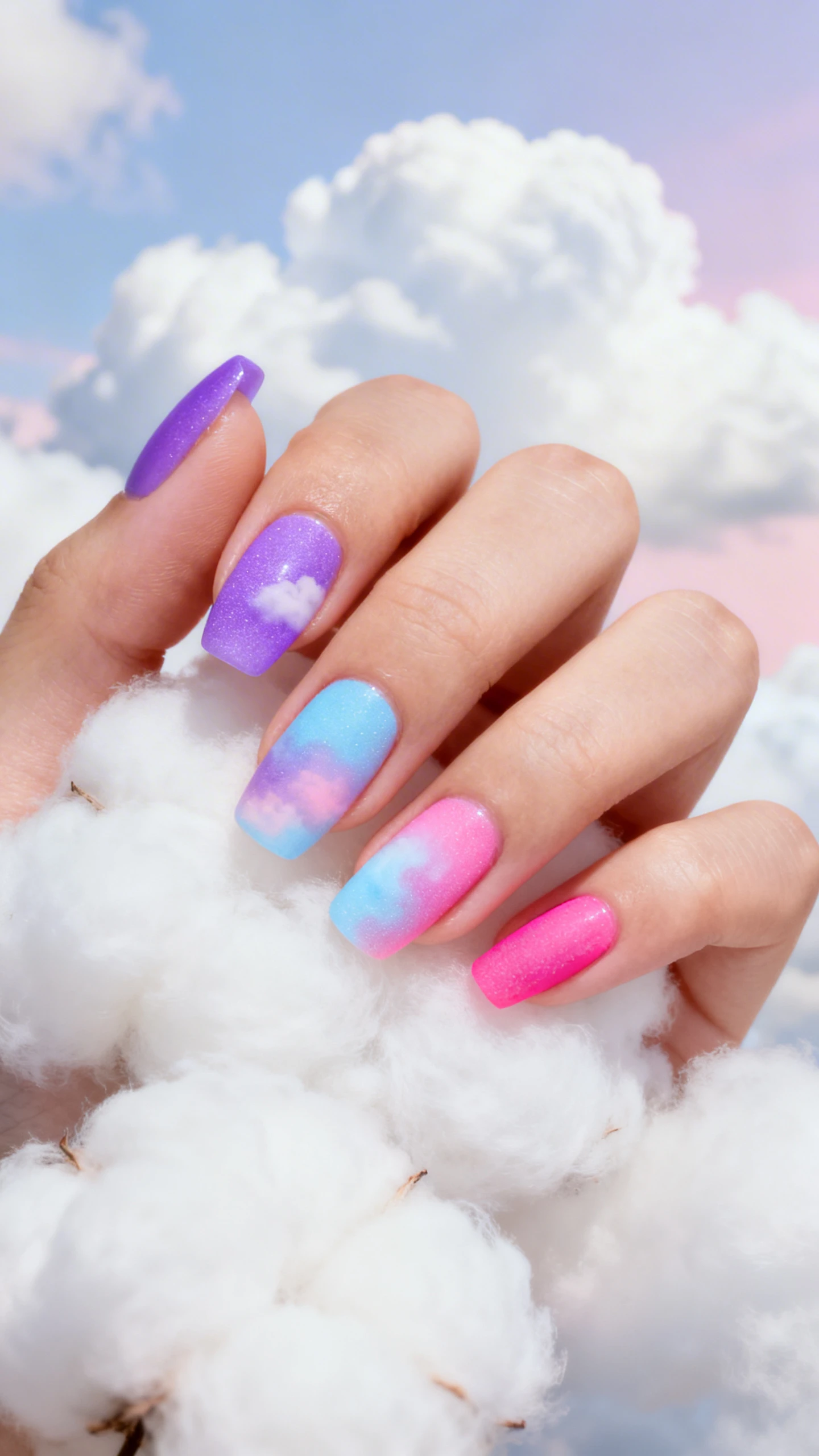 A beautiful macro photograph of one hand showing a nail design featuring the Electric Cloud Aura. The nails display a soft, airbrushed blend of neon purple, baby blue, and hot pink, creating a dreamy, cloudy effect. High-resolution, sharp focus on the nails. Aesthetic background of fluffy white cotton clouds against a soft pastel sky. Modern, Instagram-worthy photography style. No faces visible, focus ONLY on the nails and hand., macro nail photography, high quality, Instagram-worthy, clean composition