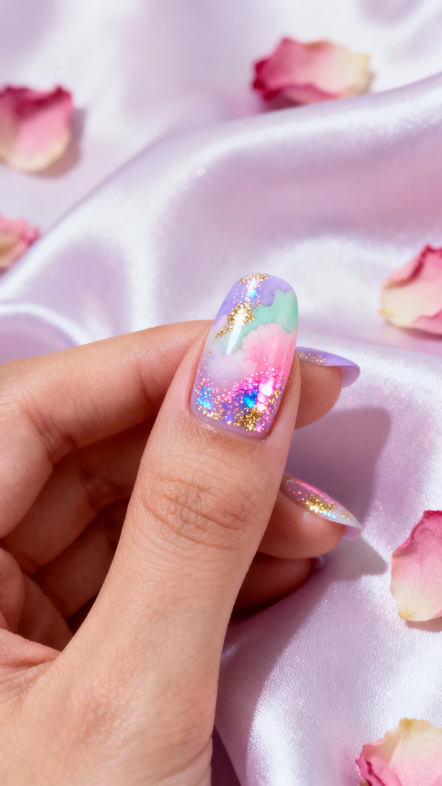 A beautiful macro photograph of one hand showing a nail design with a soft, airbrushed blend of pastel lavender, mint green, and baby pink creating a cloudy watercolor base. The nails are coated in a dense, iridescent glitter top coat that reflects pink, blue, and gold light, resembling a shimmering opal stone with a high-gloss, dimensional finish. High-resolution, sharp focus on the nails. Aesthetic background featuring soft, pastel silk fabric and scattered rose petals. Modern, Instagram-worthy photography style. No faces visible, focus ONLY on the nails and hand., macro nail photography, high quality, Instagram-worthy, clean composition