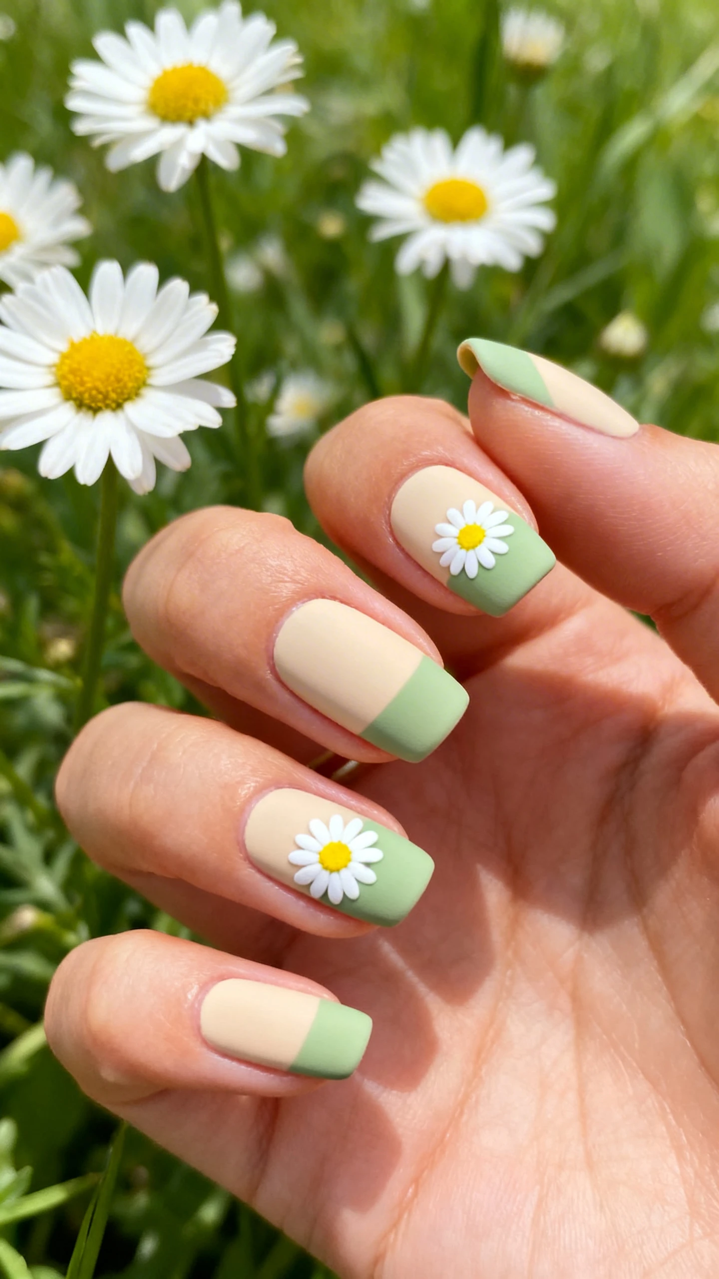 A beautiful macro photograph of one hand showing a French tip manicure with a creamy beige base and soft pastel grass green tips. Small white daisy flowers with yellow centers are painted near the cuticle. The entire design is finished with a matte top coat. High-resolution, sharp focus on the nails. Aesthetic background featuring fresh spring daisies and greenery. Modern, Instagram-worthy photography style. No faces visible, focus ONLY on the nails and hand., macro nail photography, high quality, Instagram-worthy, clean composition