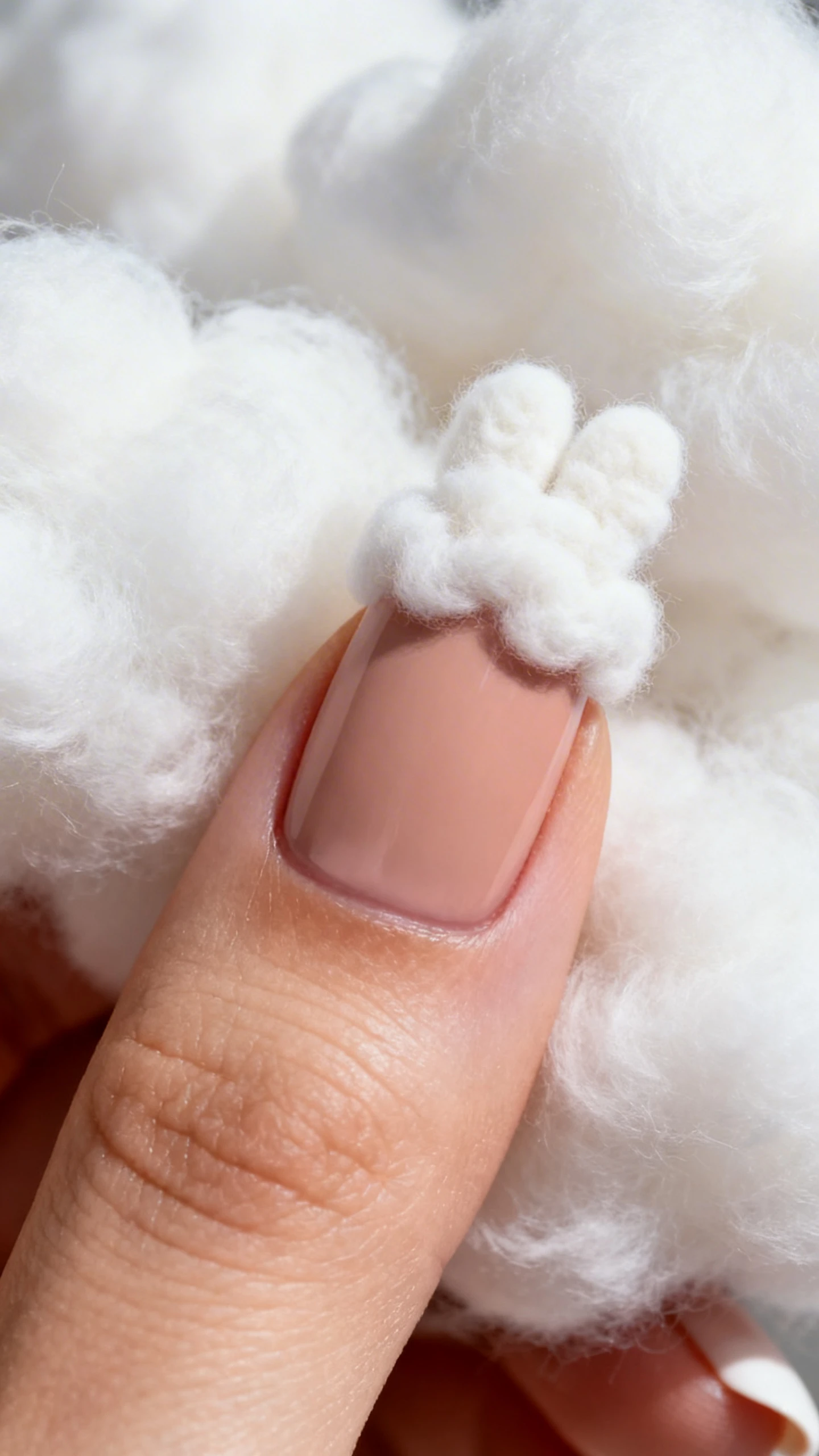 A beautiful macro photograph of one hand showing a French tip manicure in detail. The base color is a warm, neutral beige or soft blush pink that mimics a natural manicure. The French tips are opaque white but with a textured, fluffy appearance resembling a cloud or bunny tail, slightly thicker than a standard French tip. High-resolution, sharp focus on the nails. Aesthetic background of fluffy white clouds or soft faux fur fabric. Modern, Instagram-worthy photography style. No faces visible, focus ONLY on the nails and hand., macro nail photography, high quality, Instagram-worthy, clean composition