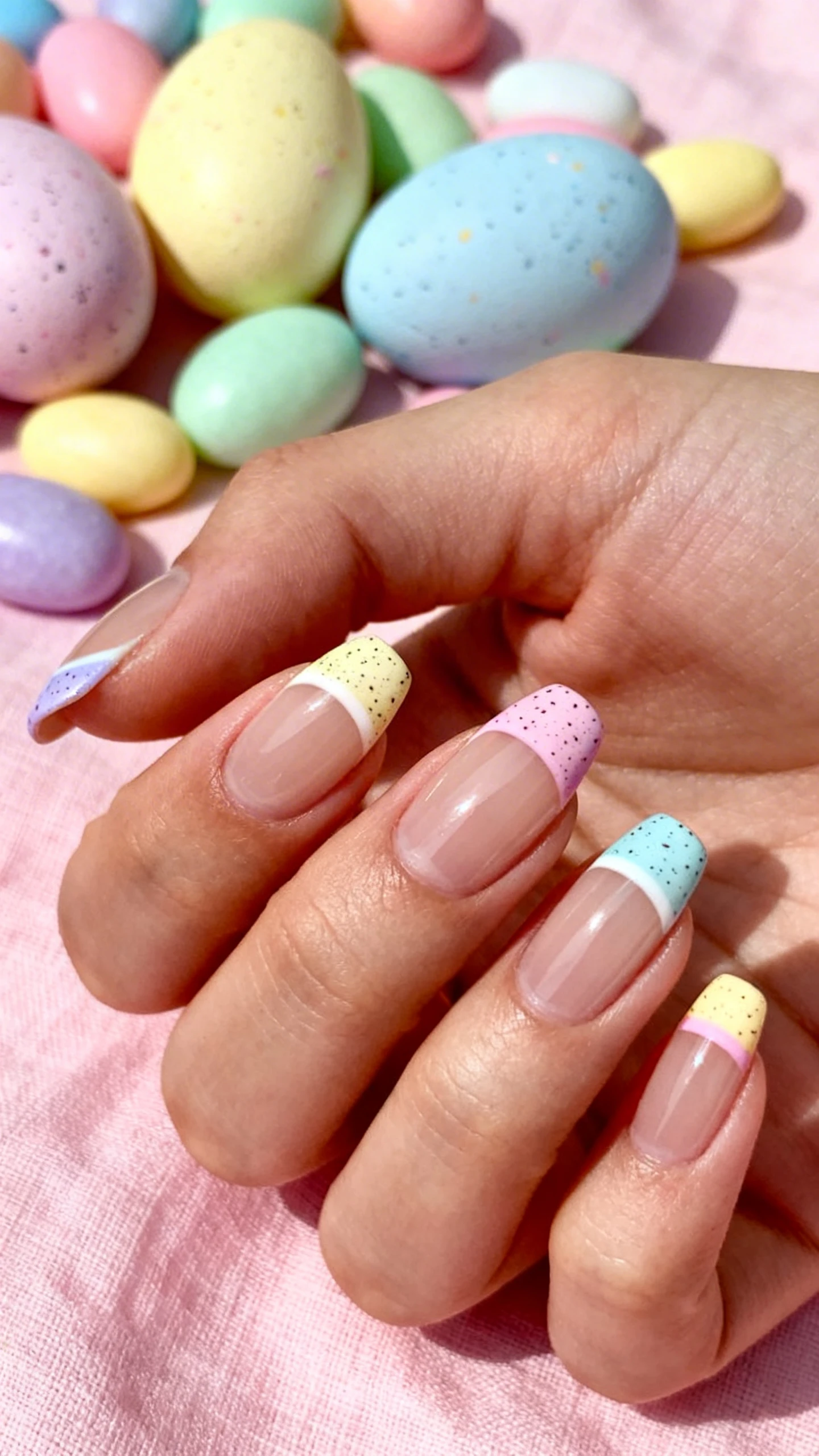 A beautiful macro photograph of one hand showing a nail design with a sheer nude base and French tips painted in an assortment of pastel colors featuring a fine, textured speckled finish. The nails are almond-shaped. The background features pastel Easter candies and a soft pink linen cloth. High-resolution, sharp focus on the nails, modern Instagram-worthy photography style., macro nail photography, high quality, Instagram-worthy, clean composition