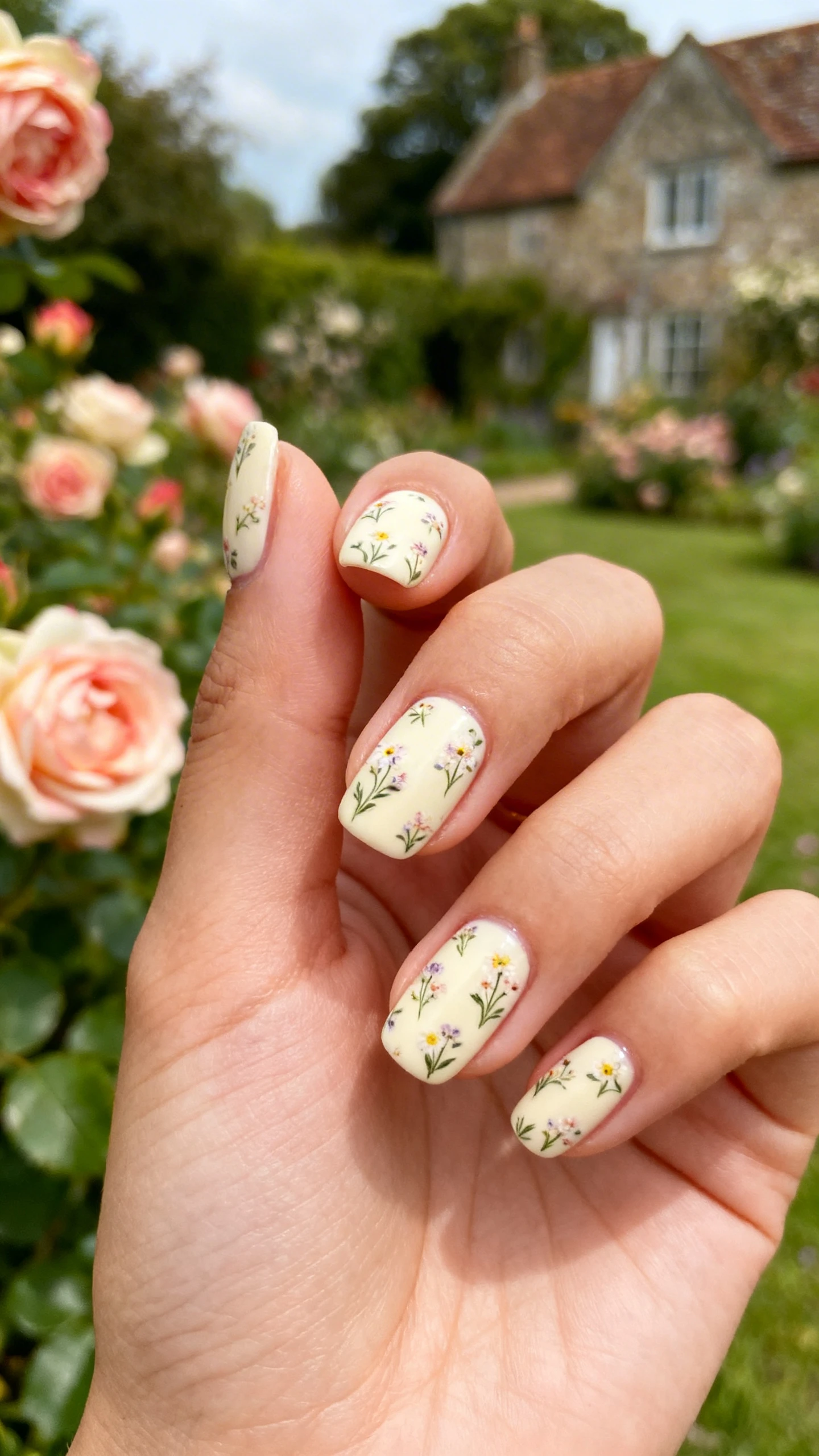 A beautiful macro photograph of one hand showing a ditsy floral nail design with tiny, delicate wildflowers scattered over a cream base in detail. High-resolution, sharp focus on the nails. Aesthetic background featuring a blurred English cottage garden with blooming roses and soft natural light. Modern, Instagram-worthy photography style. No faces visible, focus ONLY on the nails and hand., macro nail photography, high quality, Instagram-worthy, clean composition