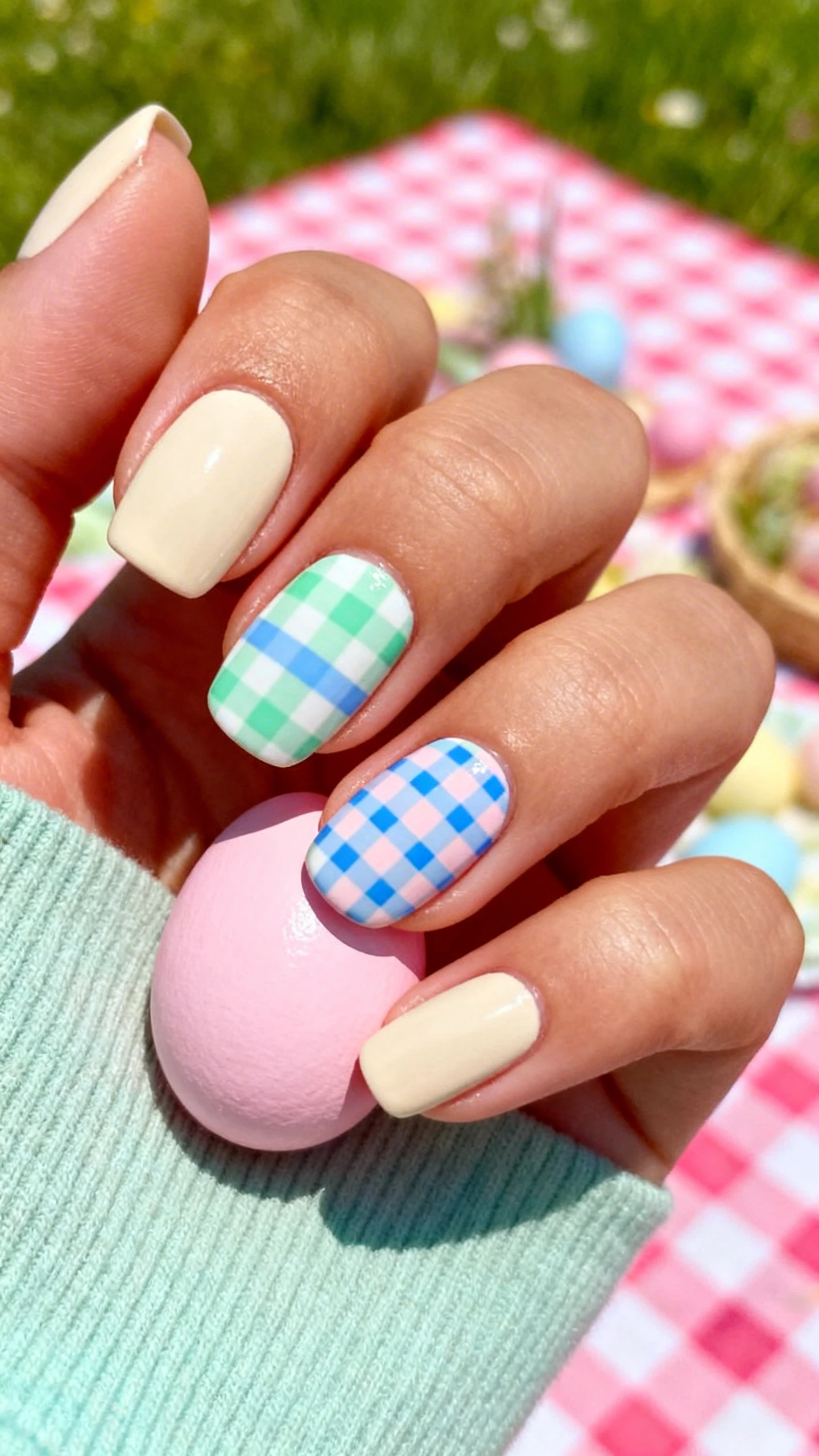 A beautiful macro photograph of one hand showing a manicure with a clean, neutral cream base color featuring a pastel gingham plaid pattern using mint green and baby blue stripes. The thumb and ring finger feature large, hand-painted soft pink Easter eggs decorated with matching mint and blue plaid details. The background is a bright spring picnic setting. High-resolution, sharp focus on the nails, modern Instagram-worthy photography style, no faces visible, focus ONLY on the nails and hand., macro nail photography, high quality, Instagram-worthy, clean composition