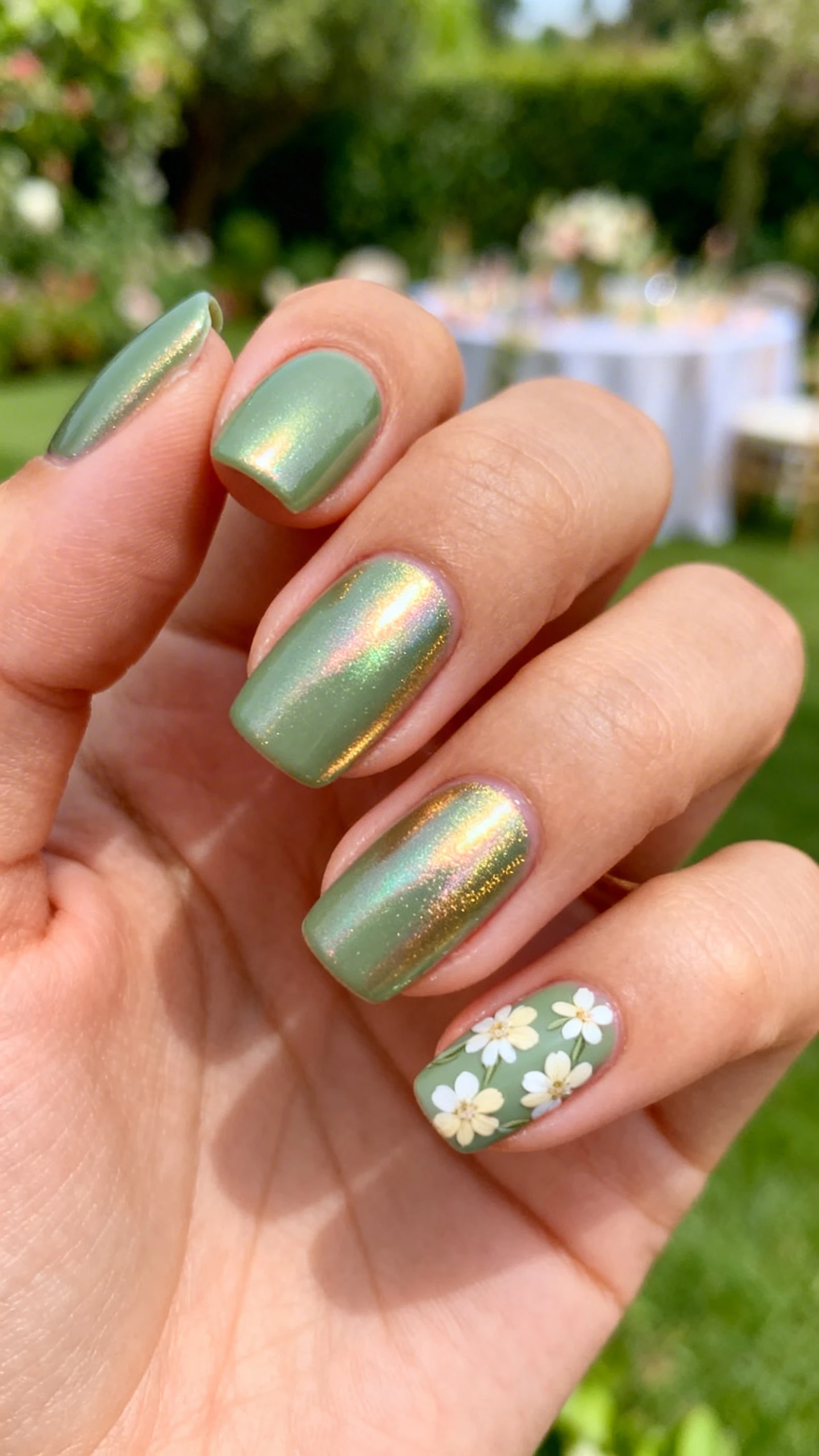 A beautiful macro photograph of one hand showing a rich, muted sage green polish with a strong metallic pearl finish and a reflective, foil-like quality shimmering between green and gold. The thumb and pinky fingers feature delicate small white and cream floral patterns. High-resolution, sharp focus on the nails. Aesthetic background of a lush garden party setting with blurred greenery. Modern, Instagram-worthy photography style. No faces visible, focus ONLY on the nails and hand., macro nail photography, high quality, Instagram-worthy, clean composition