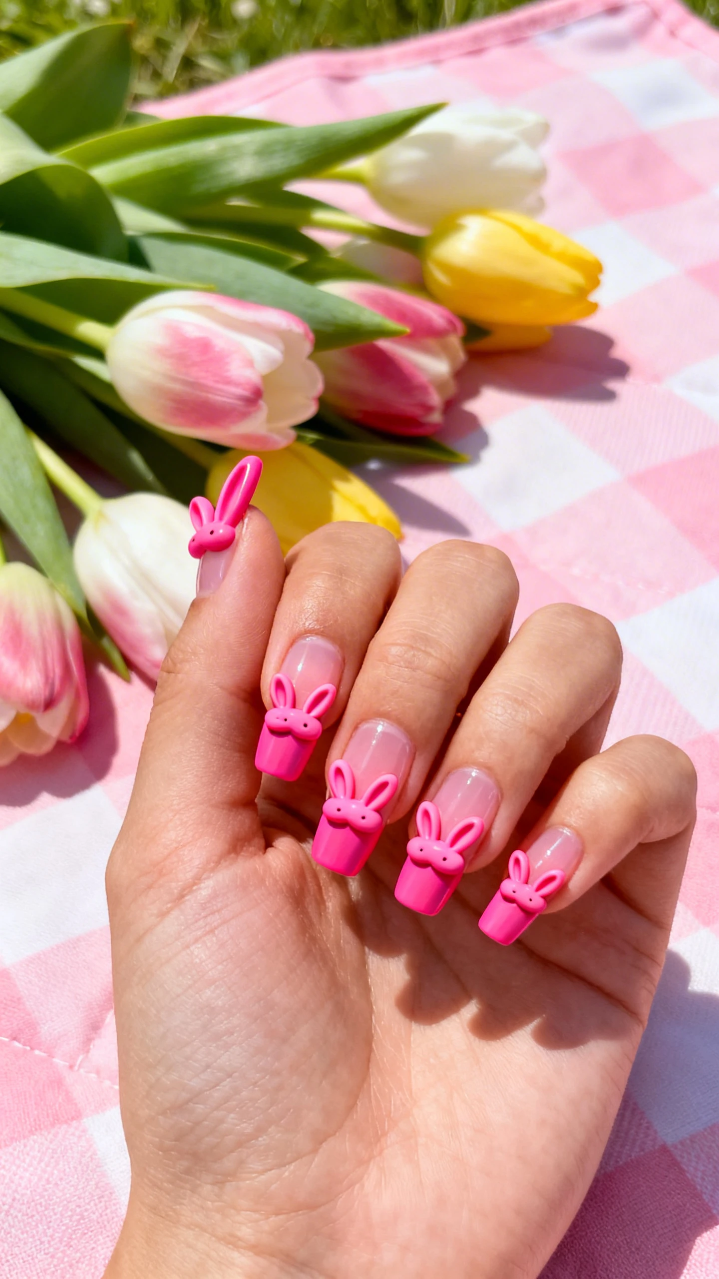 A beautiful macro photograph of one hand showing a nail design featuring Hot Pink & Bunny Ear French Tips. The nails have a sheer pink base with vibrant hot pink tips artfully shaped into cute, dimensional bunny ears. High-resolution, sharp focus on the nails. Aesthetic background of fresh spring tulips and a pastel pink picnic blanket. Modern, Instagram-worthy photography style. No faces visible, focus ONLY on the nails and hand., macro nail photography, high quality, Instagram-worthy, clean composition