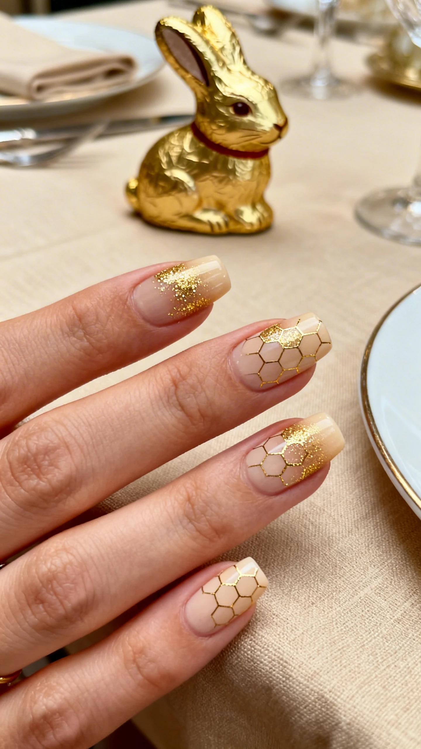 A beautiful macro photograph of one hand showing a nail design with a smooth, creamy beige base color. The top half of each nail is heavily coated in a gold hexagon glitter top coat, creating a "dipped" effect with a soft, gradient transition. High-resolution, sharp focus on the nails. Aesthetic background of a luxurious beige linen table setting with a gold foil chocolate bunny. Modern, Instagram-worthy photography style. No faces visible, focus ONLY on the nails and hand., macro nail photography, high quality, Instagram-worthy, clean composition