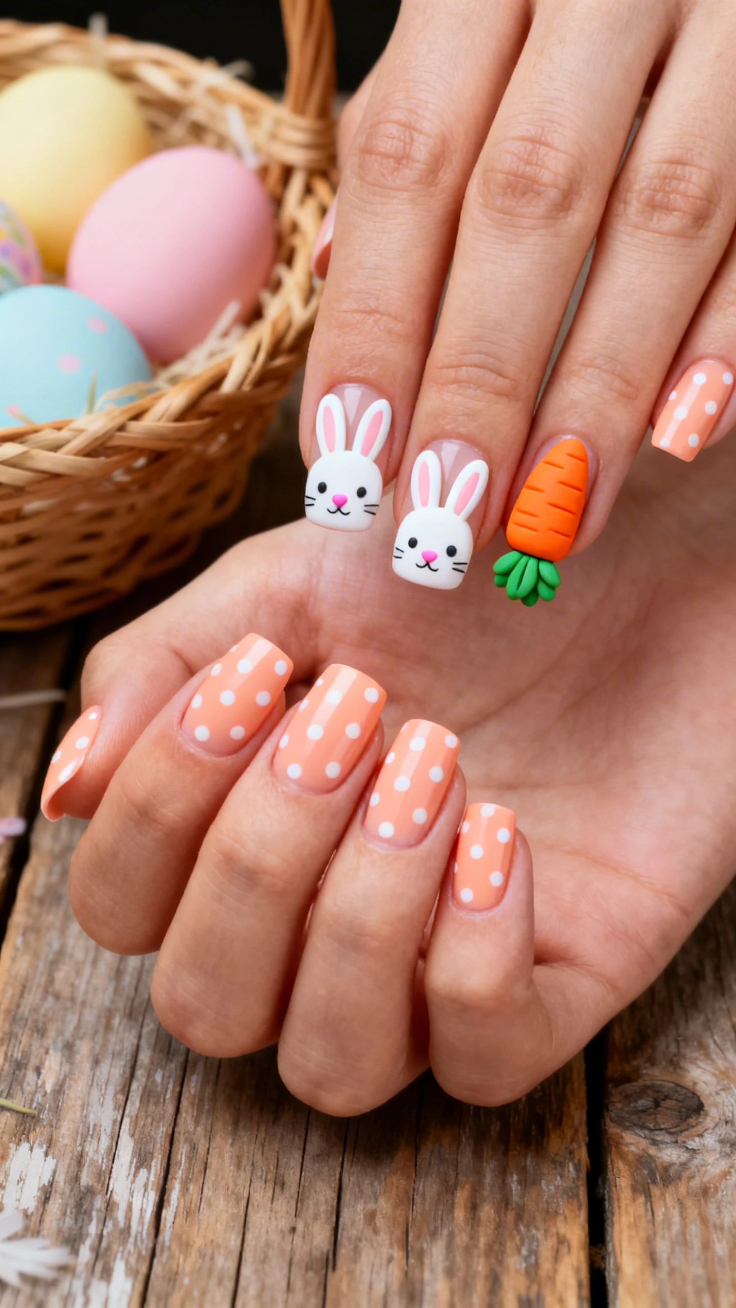 A beautiful macro photograph of one hand showing a mix of press-on nail designs. Two accent nails feature a cute, minimalist white bunny face with long ears and a pink nose. One nail features a bright orange carrot with green leafy tops using a 3D texture. The remaining nails are a soft, pastel peach color with tiny white polka dots. The background is a rustic wooden table holding a woven Easter basket with colorful eggs. High-resolution, sharp focus on the nails. Modern, Instagram-worthy photography style. No faces visible, focus ONLY on the nails and hand., macro nail photography, high quality, Instagram-worthy, clean composition