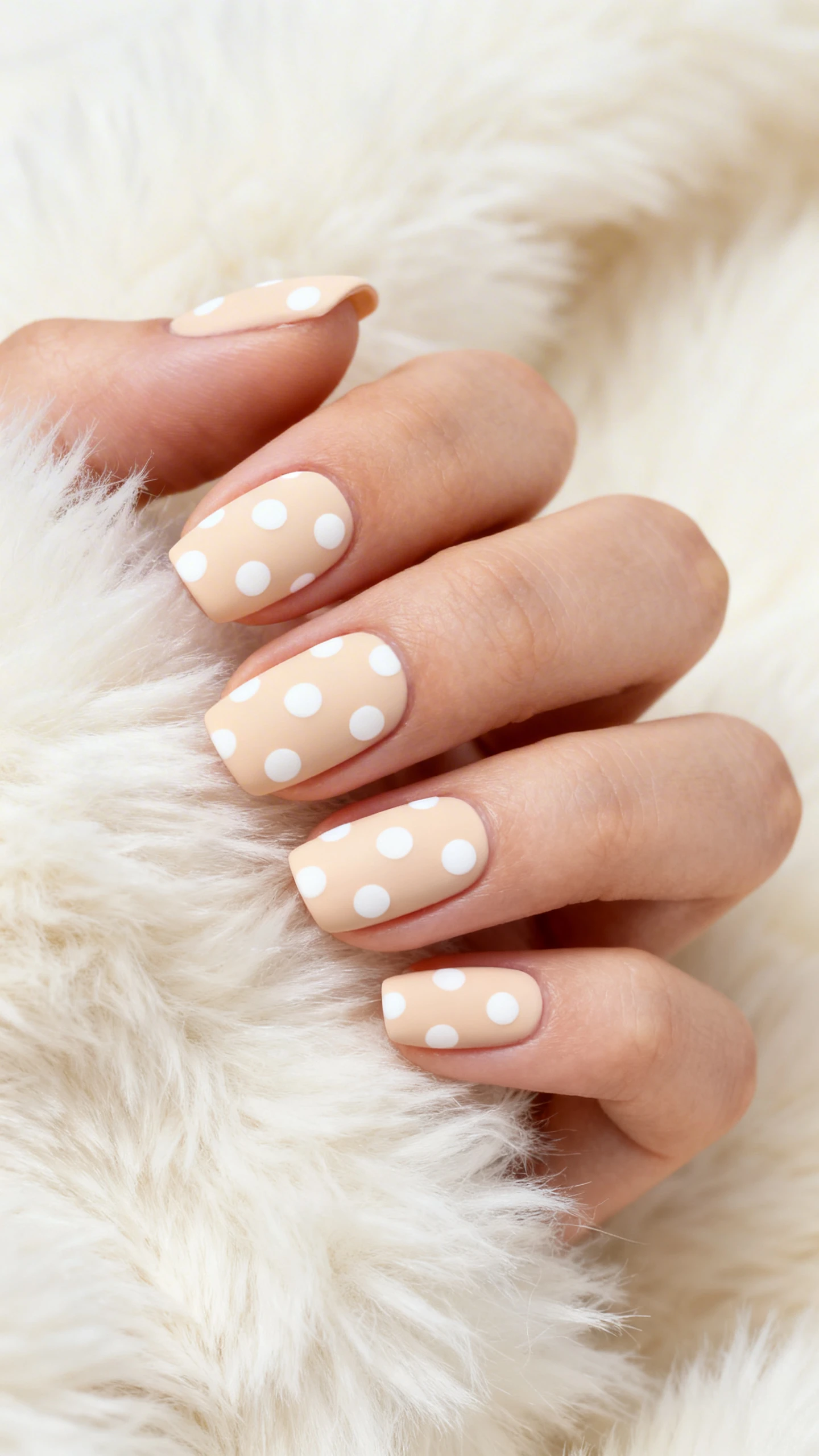 A beautiful macro photograph of one hand showing a solid soft cream nail color with perfectly round, medium-sized white polka dots scattered evenly across the nail bed. The finish is completely matte, creating a soft, velvet-like texture. High-resolution, sharp focus on the nails. Aesthetic background of fluffy white faux fur or cream fabric. Modern, Instagram-worthy photography style. No faces visible, focus ONLY on the nails and hand., macro nail photography, high quality, Instagram-worthy, clean composition