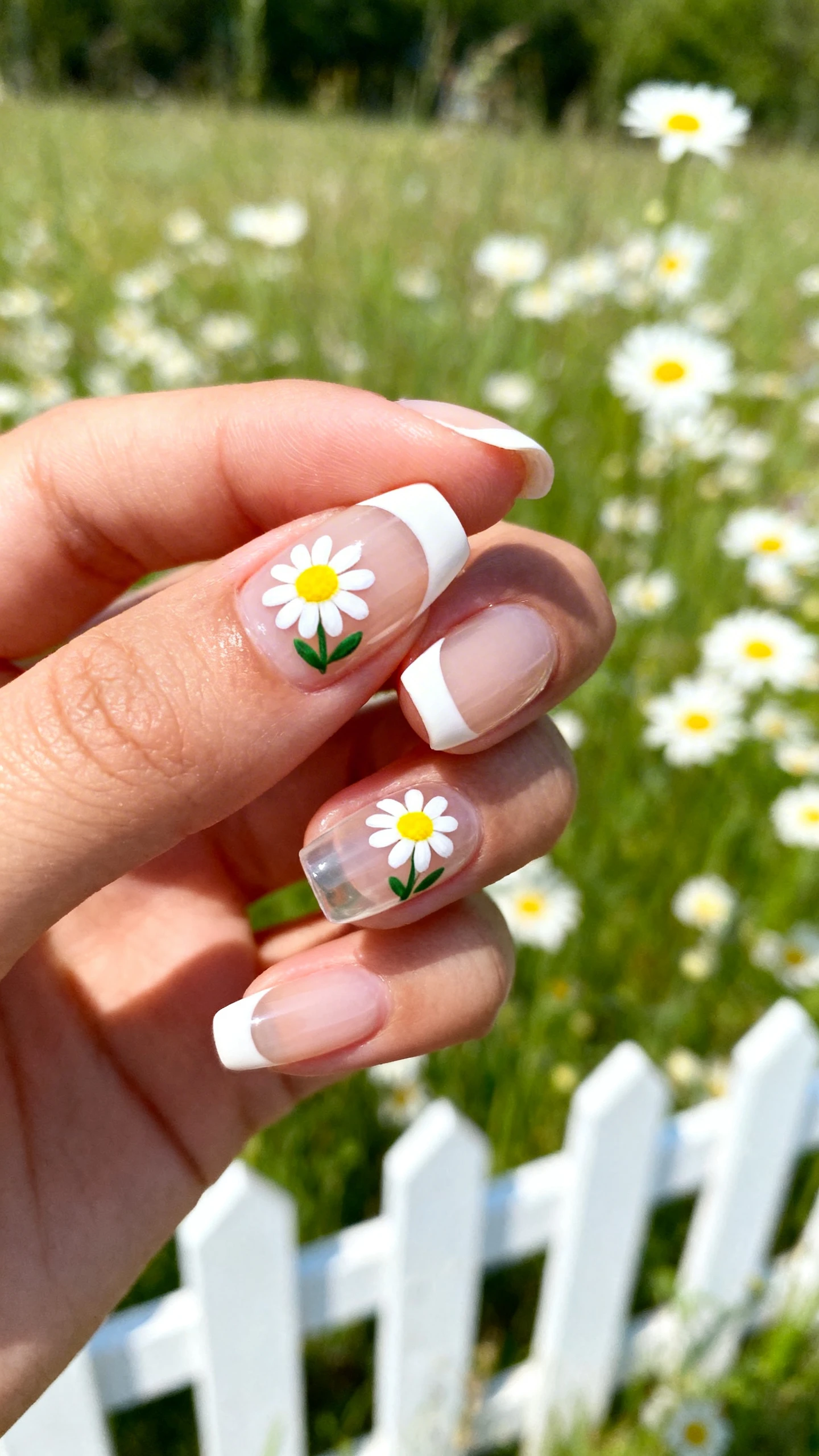 A beautiful macro photograph of one hand showing a French tip manicure in detail. The nails have a clear, glossy base. The French tips are a soft, creamy white featuring small hand-painted daisy patterns with five white petals and bright yellow centers, with tiny green leaves sprouting from the base of the flower. High-resolution, sharp focus on the nails. Aesthetic background of fresh daisies in a meadow or a white picket fence. Modern, Instagram-worthy photography style. No faces visible, focus ONLY on the nails and hand., macro nail photography, high quality, Instagram-worthy, clean composition
