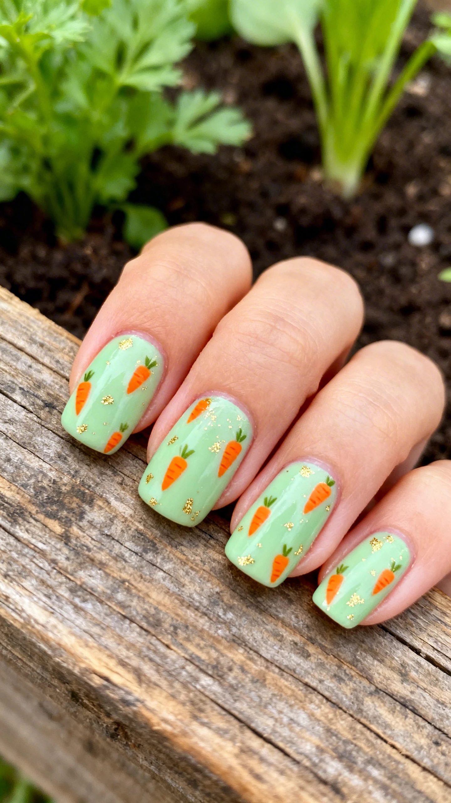 A beautiful macro photograph of one hand showing a nail design with a creamy fresh spring green base covered in tiny orange carrot-shaped confetti speckles and subtle gold shimmer. The nails are squoval-shaped. The background is a rustic wooden surface with a blurred view of fresh greenery and soil. High-resolution, sharp focus on the nails, modern Instagram-worthy photography style., macro nail photography, high quality, Instagram-worthy, clean composition