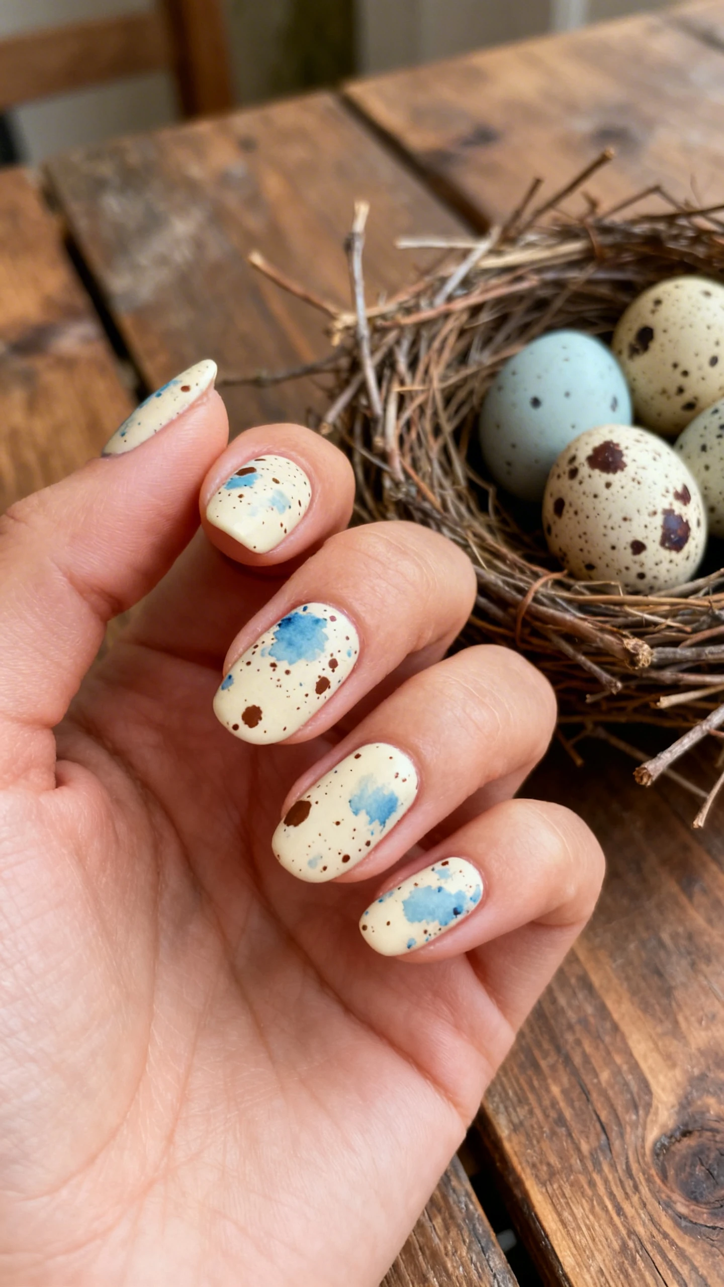 A beautiful macro photograph of one hand showing an abstract splatter nail design resembling speckled robin's eggs with soft blue and brown paint flecks on a cream background in detail. High-resolution, sharp focus on the nails. Aesthetic background featuring a rustic wooden table with a nest of decorative eggs and twigs. Modern, Instagram-worthy photography style. No faces visible, focus ONLY on the nails and hand., macro nail photography, high quality, Instagram-worthy, clean composition