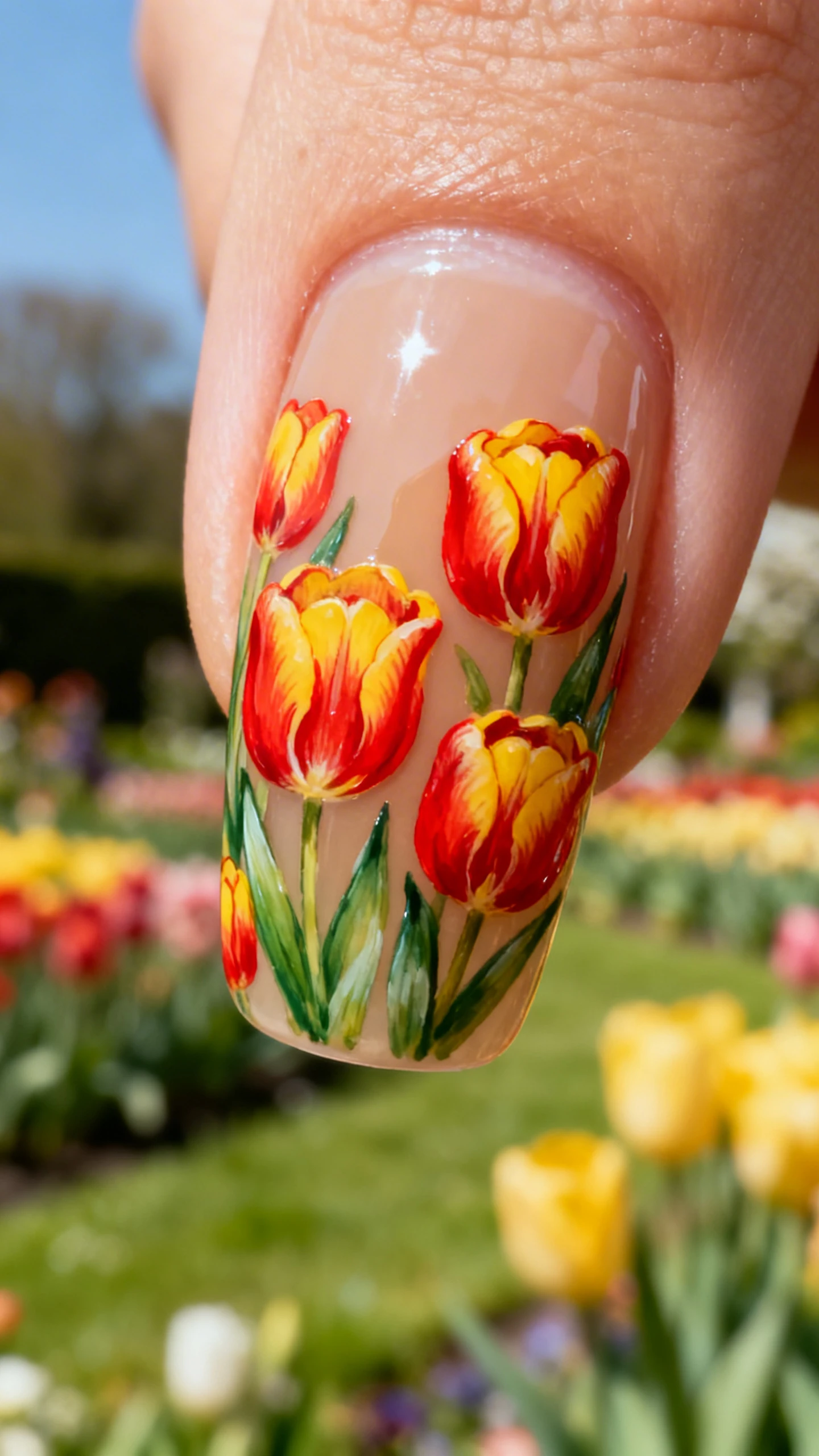A beautiful macro photograph of one hand showing a manicure with a sheer, sandy beige jelly base that looks translucent. Across the nails are clusters of vibrant red and yellow tulips with detailed, curved petals created with a short brush. Green leaves and stems are tucked between the flowers for depth. The background features a blurred Dutch garden. High-resolution, sharp focus on the nails, modern Instagram-worthy photography style, no faces visible, focus ONLY on the nails and hand., macro nail photography, high quality, Instagram-worthy, clean composition