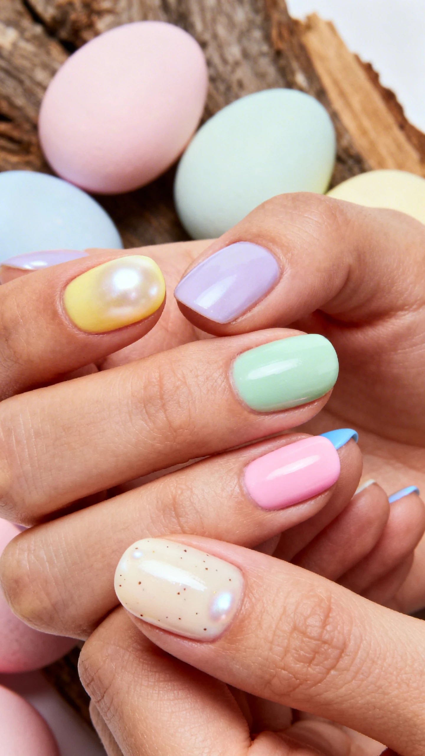 A beautiful macro photograph of one hand showing a pastel pearl mix where each finger is a different shade: index finger is butter-yellow pearl, middle finger is soft lavender pearl, ring finger is mint green pearl, and pinky is baby blue pearl. The thumb features a creamy pearl polish with tiny speckles. High-resolution, sharp focus on the nails. Aesthetic background of pastel Easter eggs and natural wood. Modern, Instagram-worthy photography style. No faces visible, focus ONLY on the nails and hand., macro nail photography, high quality, Instagram-worthy, clean composition