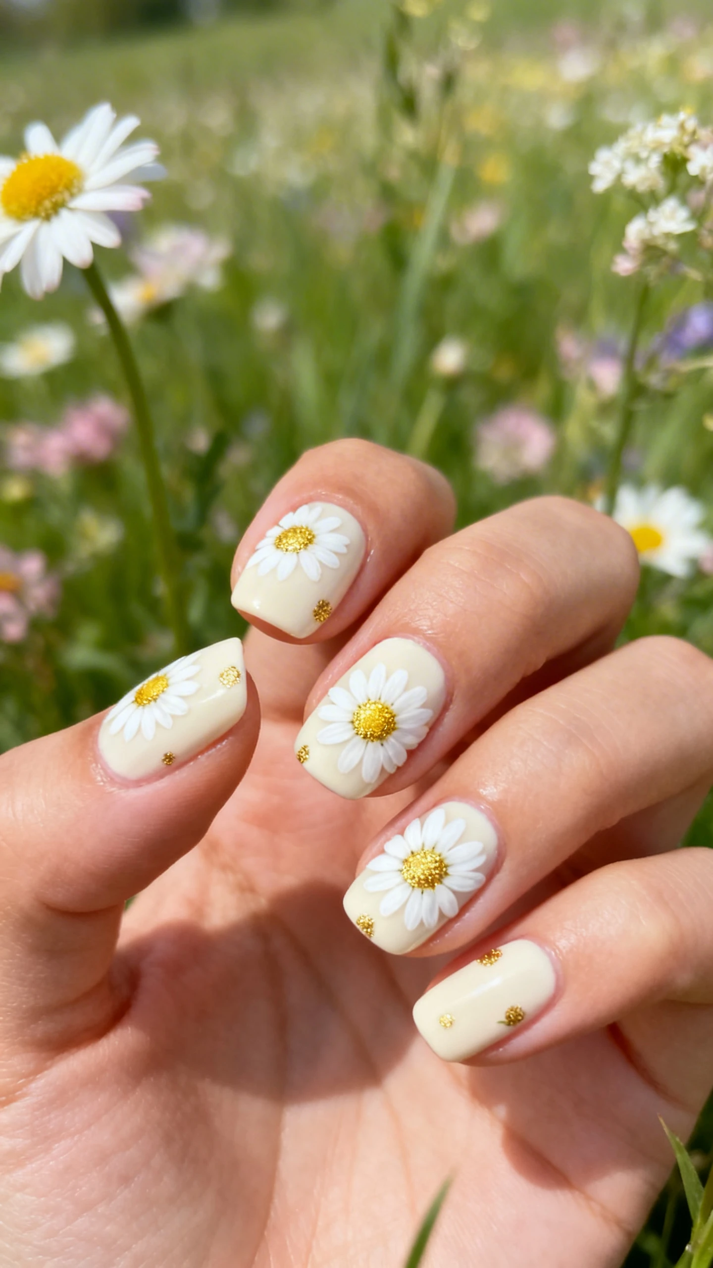 A beautiful macro photograph of one hand showing a daisy nail art design on a creamy off-white base canvas, featuring hand-painted white daisies with golden yellow centers scattered delicately across the nails. High-resolution, sharp focus on the nails. Aesthetic background of a fresh spring meadow with blooming flowers and soft greenery. Modern, Instagram-worthy photography style. No faces visible, focus ONLY on the nails and hand., macro nail photography, high quality, Instagram-worthy, clean composition