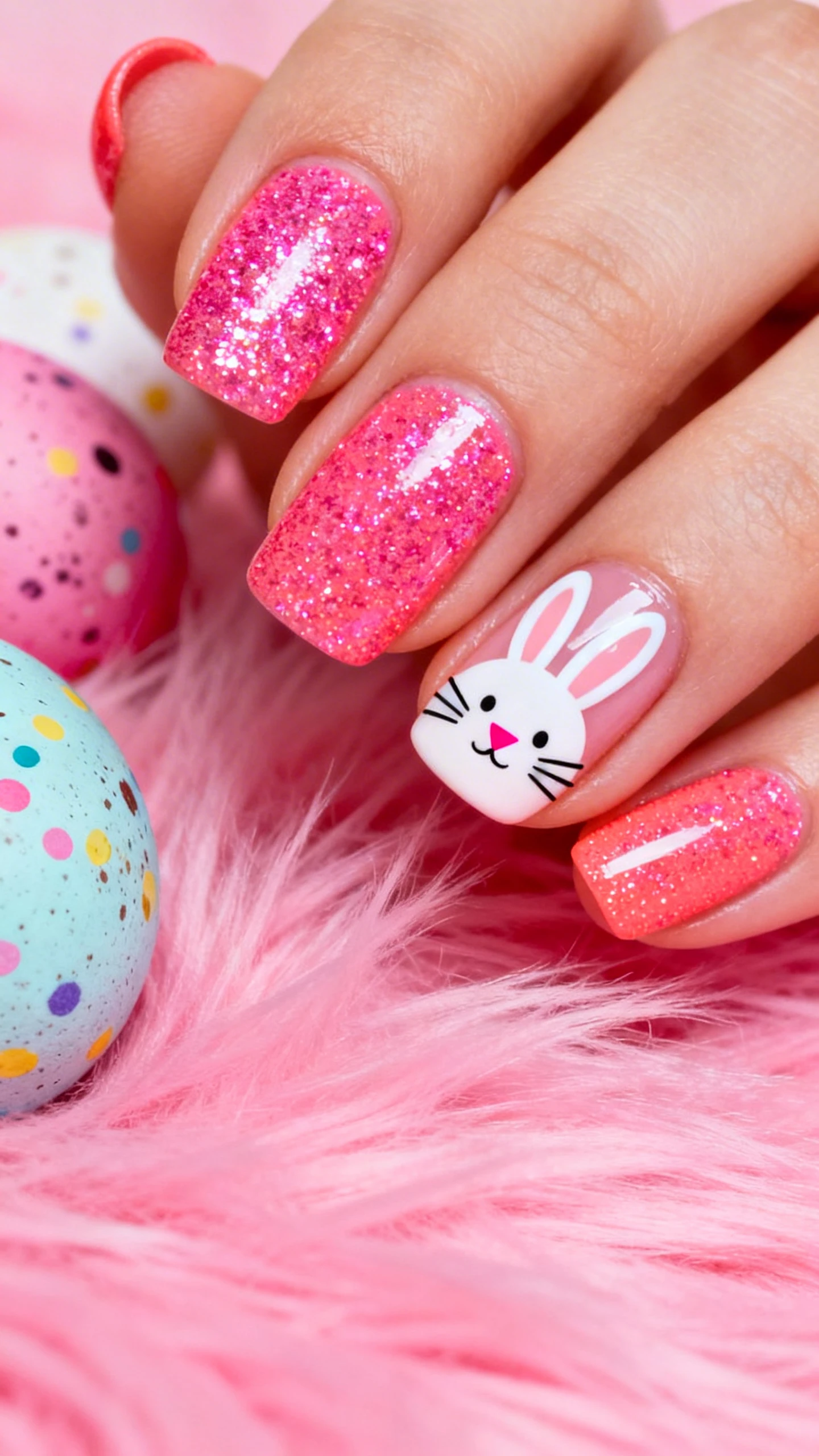 A beautiful macro photograph of one hand showing a nail design where most nails are painted in a vibrant hot pink coral and covered in a dense, fine pink glitter top coat for a sugary, sparkly finish. The accent nails feature a minimalist hand-painted bunny face design with a small pink triangular nose and three long white whiskers on each side, sealed under a glossy top coat. High-resolution, sharp focus on the nails. Aesthetic background of bright pink faux fur and colorful speckled Easter eggs. Modern, Instagram-worthy photography style. No faces visible, focus ONLY on the nails and hand., macro nail photography, high quality, Instagram-worthy, clean composition