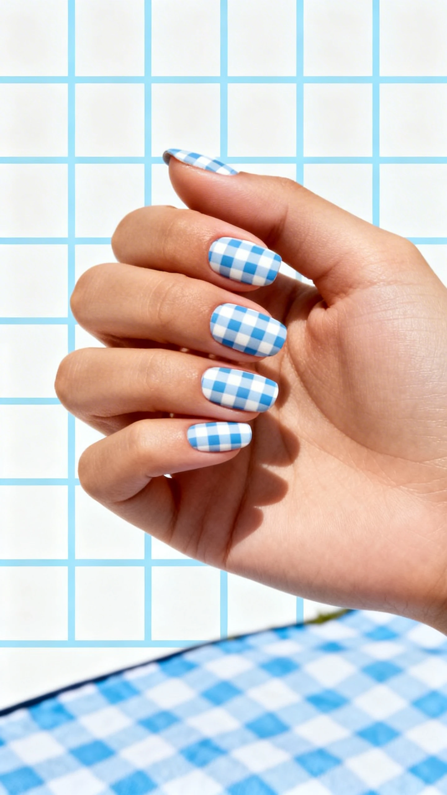 A beautiful macro photograph of one hand showing a classic gingham checkered nail pattern. The background is clean crisp white with a pastel baby blue grid overlay creating filled-in squares. A matte top coat gives the design a flat finish. High-resolution, sharp focus on the nails. Aesthetic background of a pastel blue and white gingham picnic blanket. Modern, Instagram-worthy photography style. No faces visible, focus ONLY on the nails and hand., macro nail photography, high quality, Instagram-worthy, clean composition