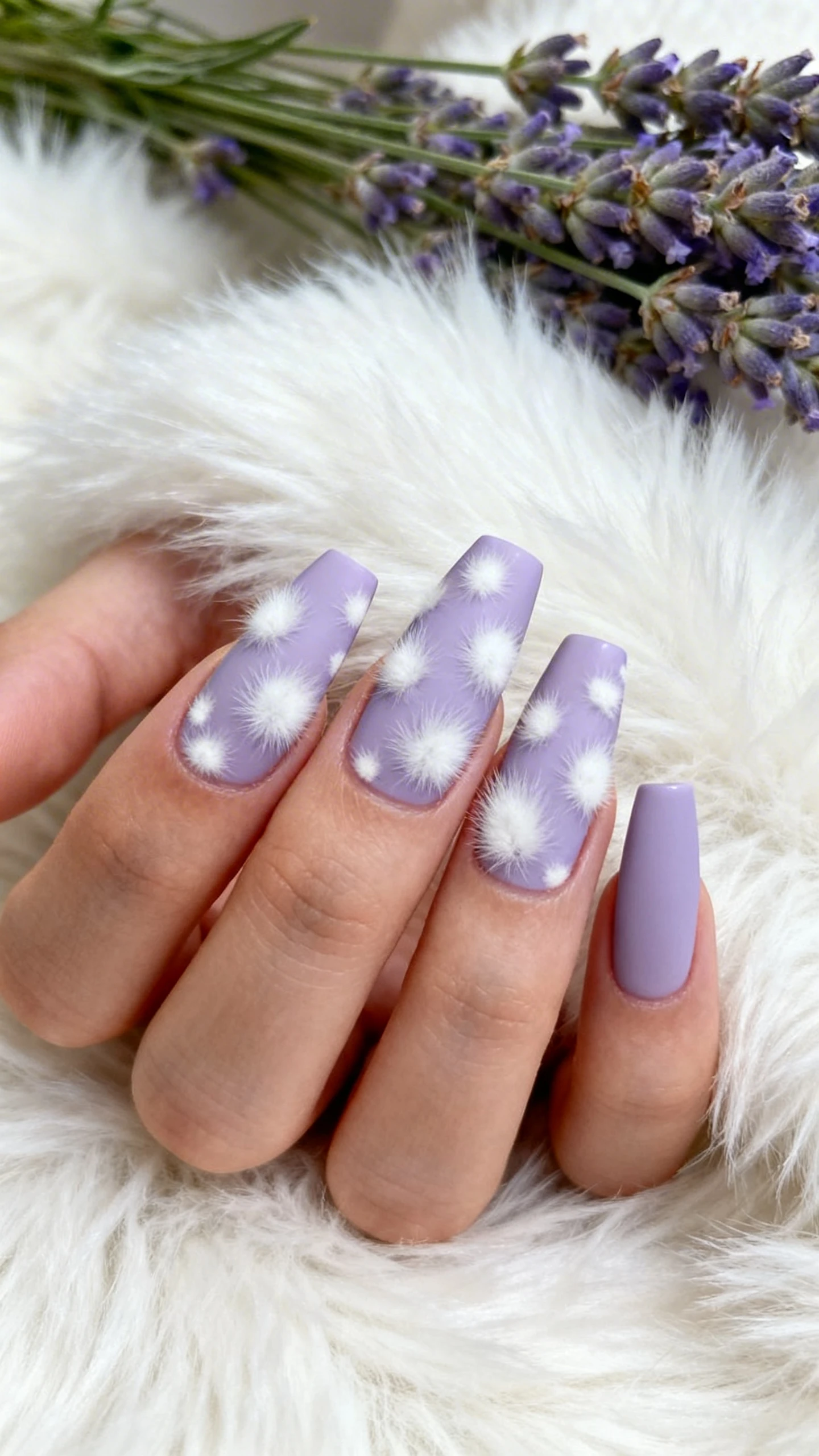 A beautiful macro photograph of one hand showing a nail design with a soft matte lavender base adorned with white fuzzy speckles that mimic the texture of soft bunny tails. The nails are coffin-shaped. The background is a fluffy white faux fur throw and sprigs of fresh lavender. High-resolution, sharp focus on the nails, modern Instagram-worthy photography style., macro nail photography, high quality, Instagram-worthy, clean composition