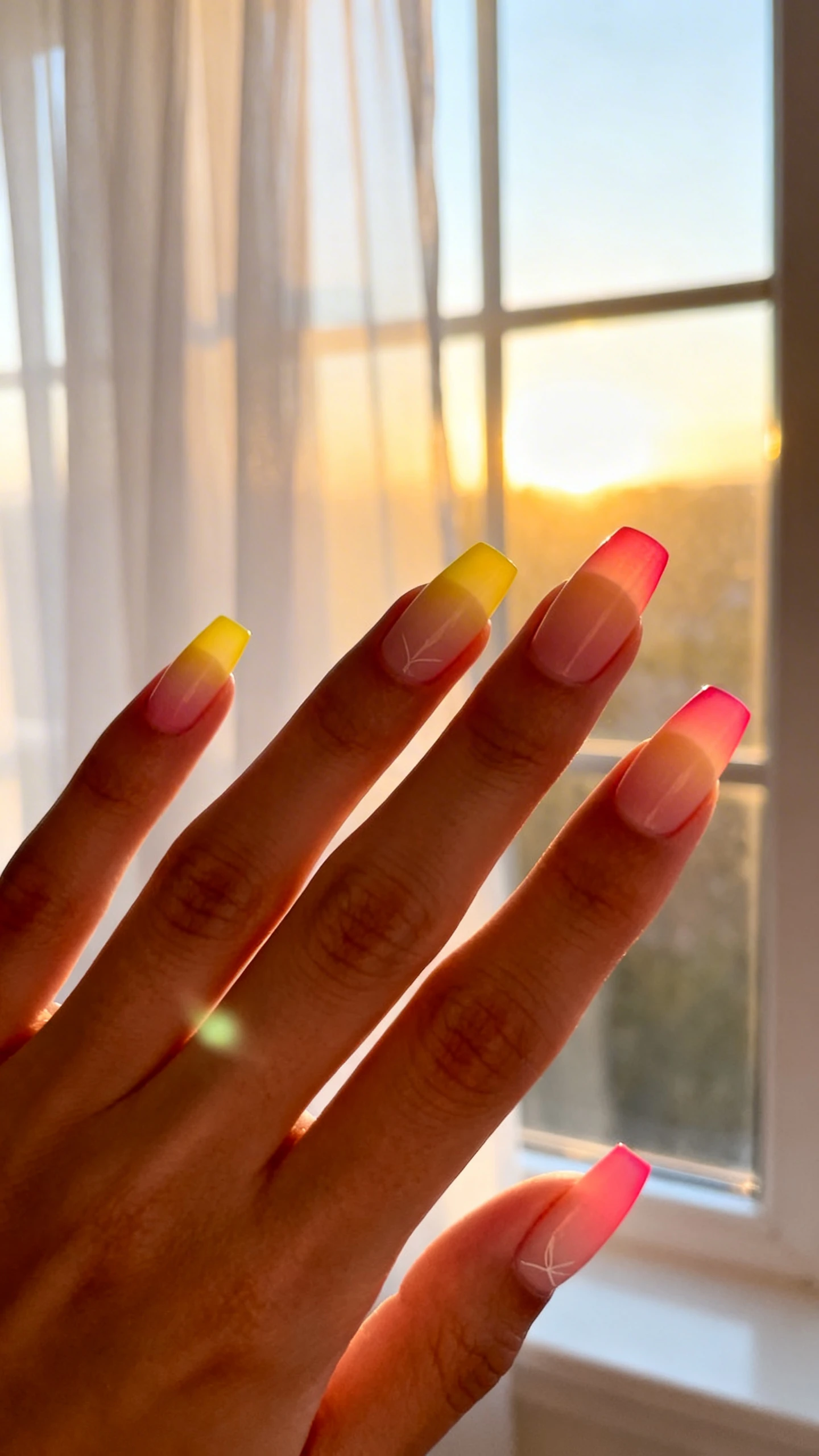 A beautiful macro photograph of one hand showing an ombre French tip nail design with a gradient of warm sunrise colors transitioning from soft yellow to coral pink at the tips in detail. High-resolution, sharp focus on the nails. Aesthetic background featuring a bright window with sheer white curtains catching the early morning golden hour light. Modern, Instagram-worthy photography style. No faces visible, focus ONLY on the nails and hand., macro nail photography, high quality, Instagram-worthy, clean composition