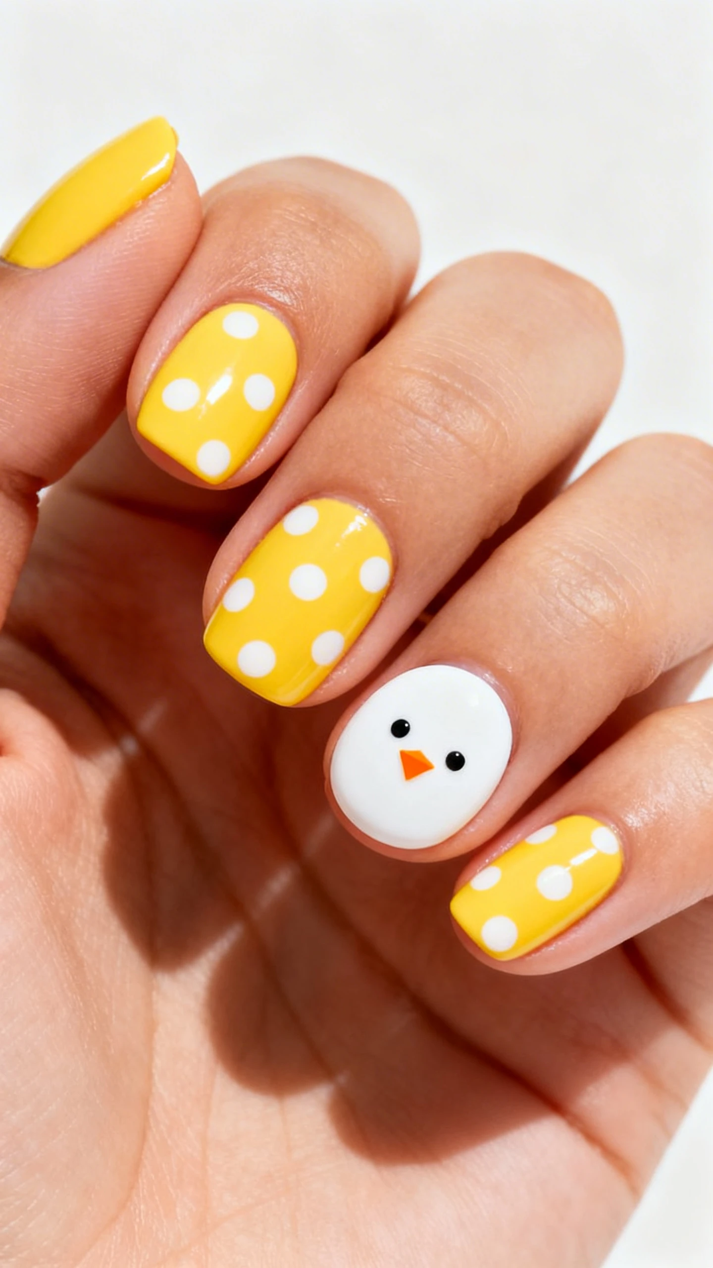 A beautiful macro photograph of one hand showing a manicure with a glossy, sunshine yellow creme base. The index, middle, and pinky nails feature a pattern of crisp white polka dots. The ring finger is the accent nail, featuring a round white baby chick face with small black dot eyes and a tiny orange triangle beak. The background is bright and cheerful. High-resolution, sharp focus on the nails, modern Instagram-worthy photography style, no faces visible, focus ONLY on the nails and hand., macro nail photography, high quality, Instagram-worthy, clean composition
