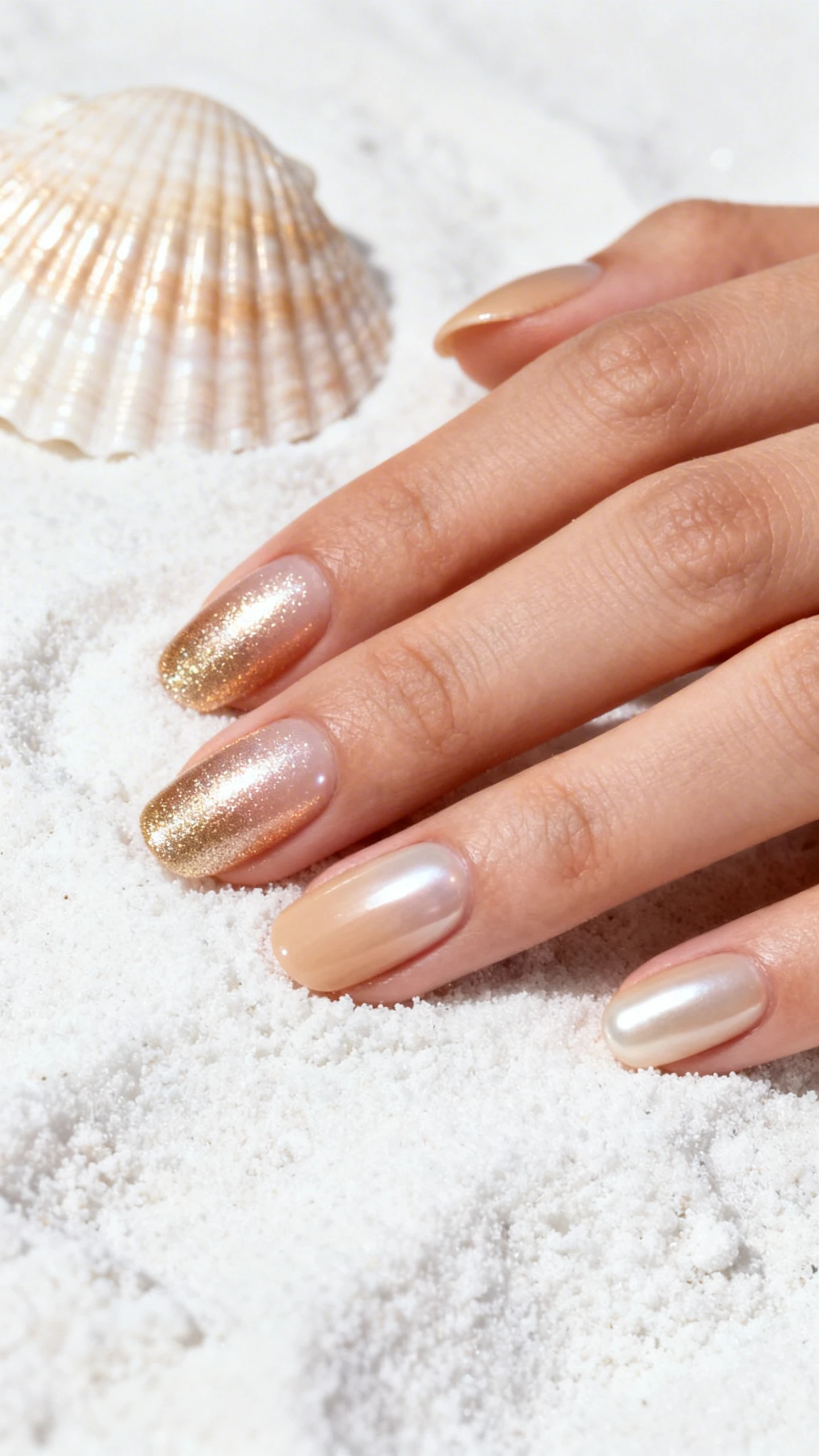 A beautiful macro photograph of one hand showing a seamless gradient ombre nail design fading from a rich, shimmering champagne-gold pearl at the cuticle to a soft sandy beige pearl at the tip. High-resolution, sharp focus on the nails. Aesthetic background of textured white sand and a luxury seashell. Modern, Instagram-worthy photography style. No faces visible, focus ONLY on the nails and hand., macro nail photography, high quality, Instagram-worthy, clean composition