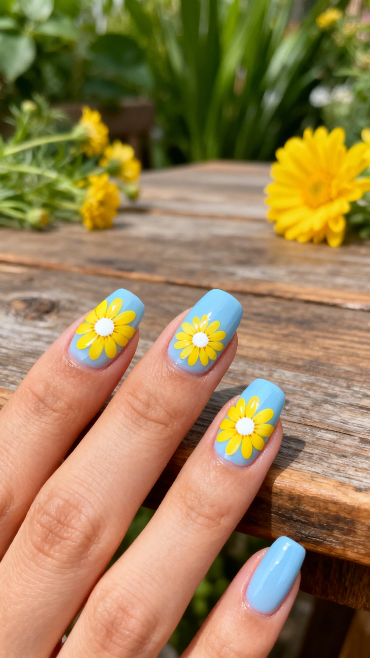 A beautiful macro photograph of one hand showing a nail design featuring Laser Lemon Daisies on Baby Blue. The nails are painted in a soft, glossy baby blue base with hand-painted, bright laser lemon daisy flowers and white centers. High-resolution, sharp focus on the nails. Aesthetic background of a rustic wooden table surrounded by fresh greenery and yellow flowers. Modern, Instagram-worthy photography style. No faces visible, focus ONLY on the nails and hand., macro nail photography, high quality, Instagram-worthy, clean composition