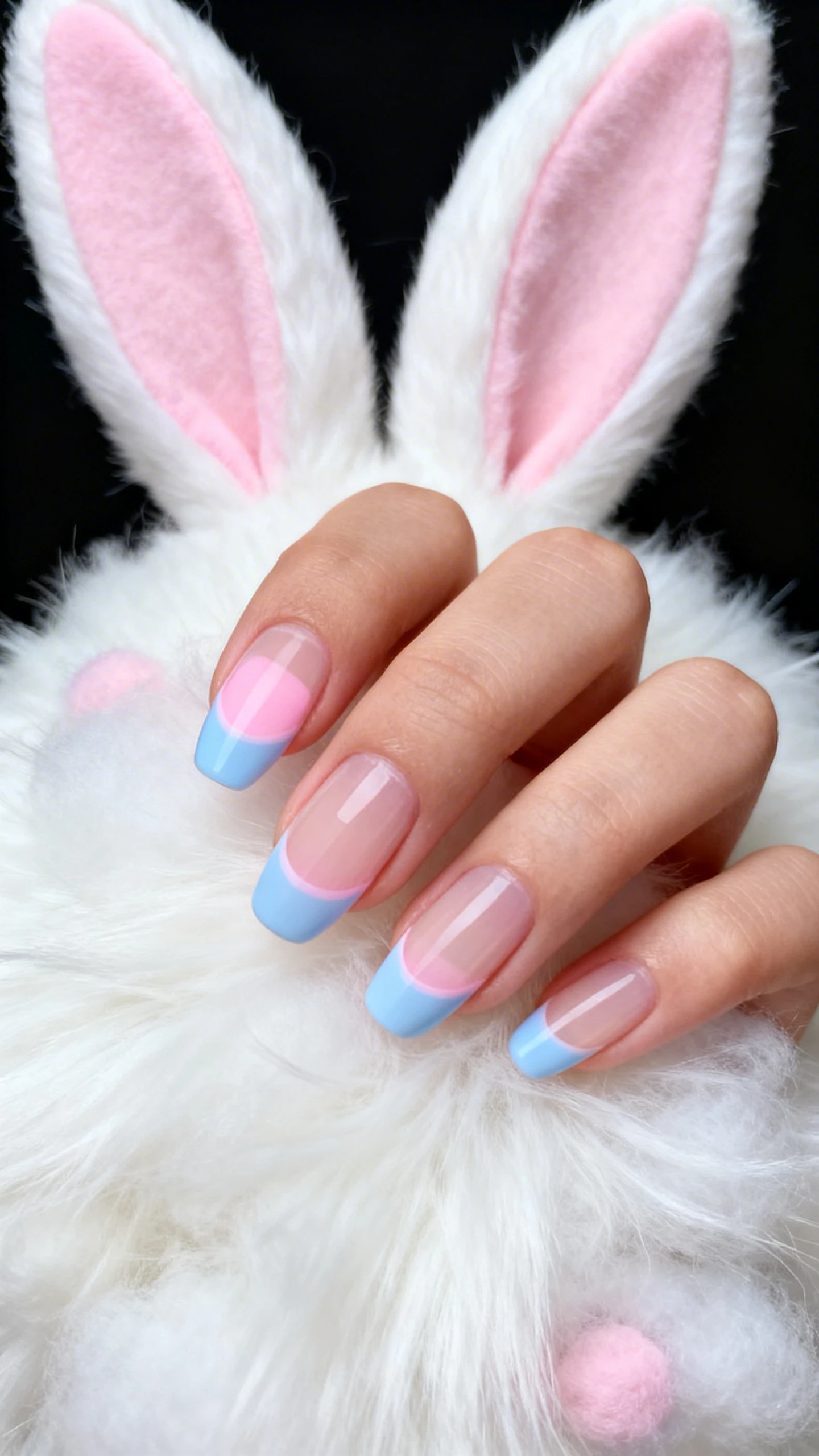 A beautiful macro photograph of one hand showing a bunny ear French tip manicure, where the tips are shaped like cute, long bunny ears in soft pastel pink and baby blue over a sheer nude base. High-resolution, sharp focus on the nails. Aesthetic background of a fluffy white texture resembling a bunny tail or cotton, with soft pastel accents. Modern, Instagram-worthy photography style. No faces visible, focus ONLY on the nails and hand., macro nail photography, high quality, Instagram-worthy, clean composition